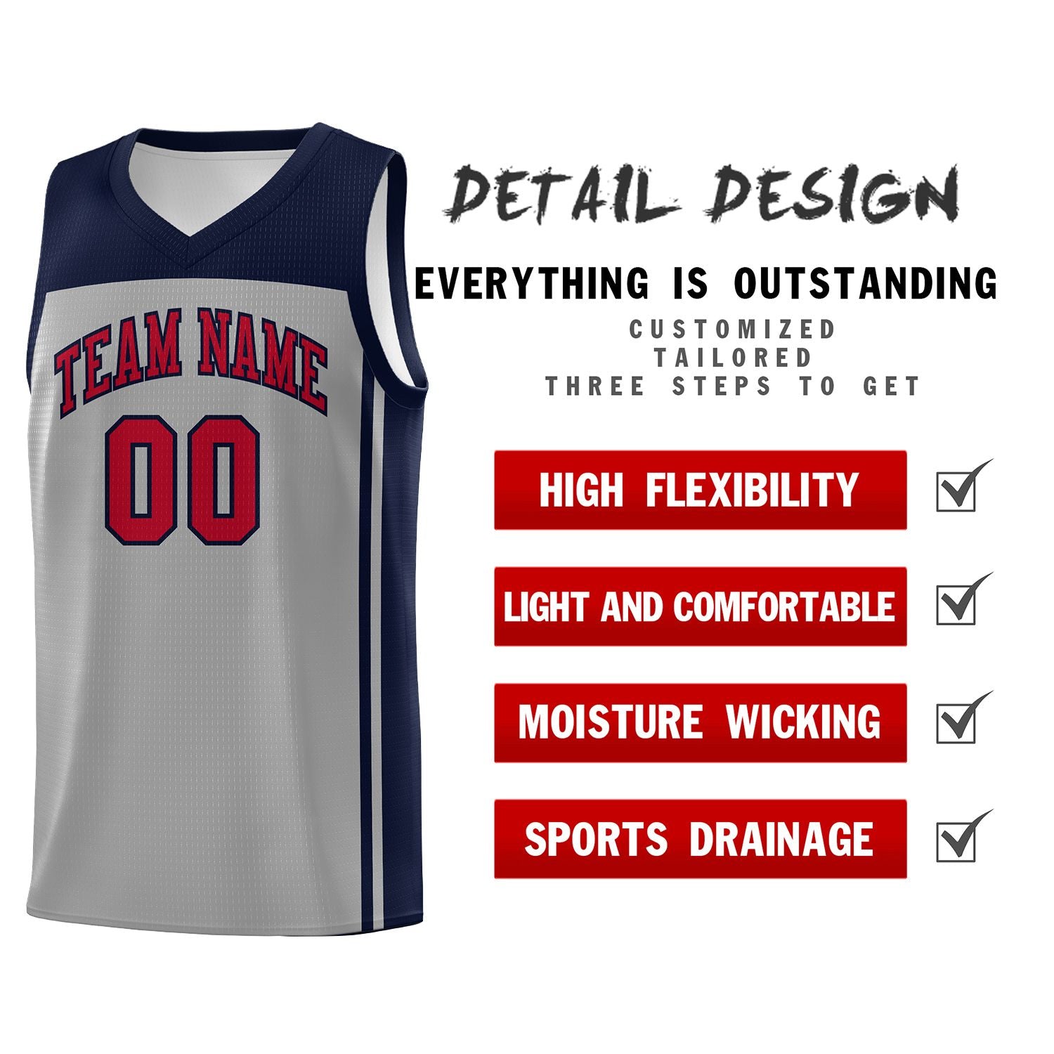 Custom Grey Navy Classic Sets Sports Uniform Basketball Jersey