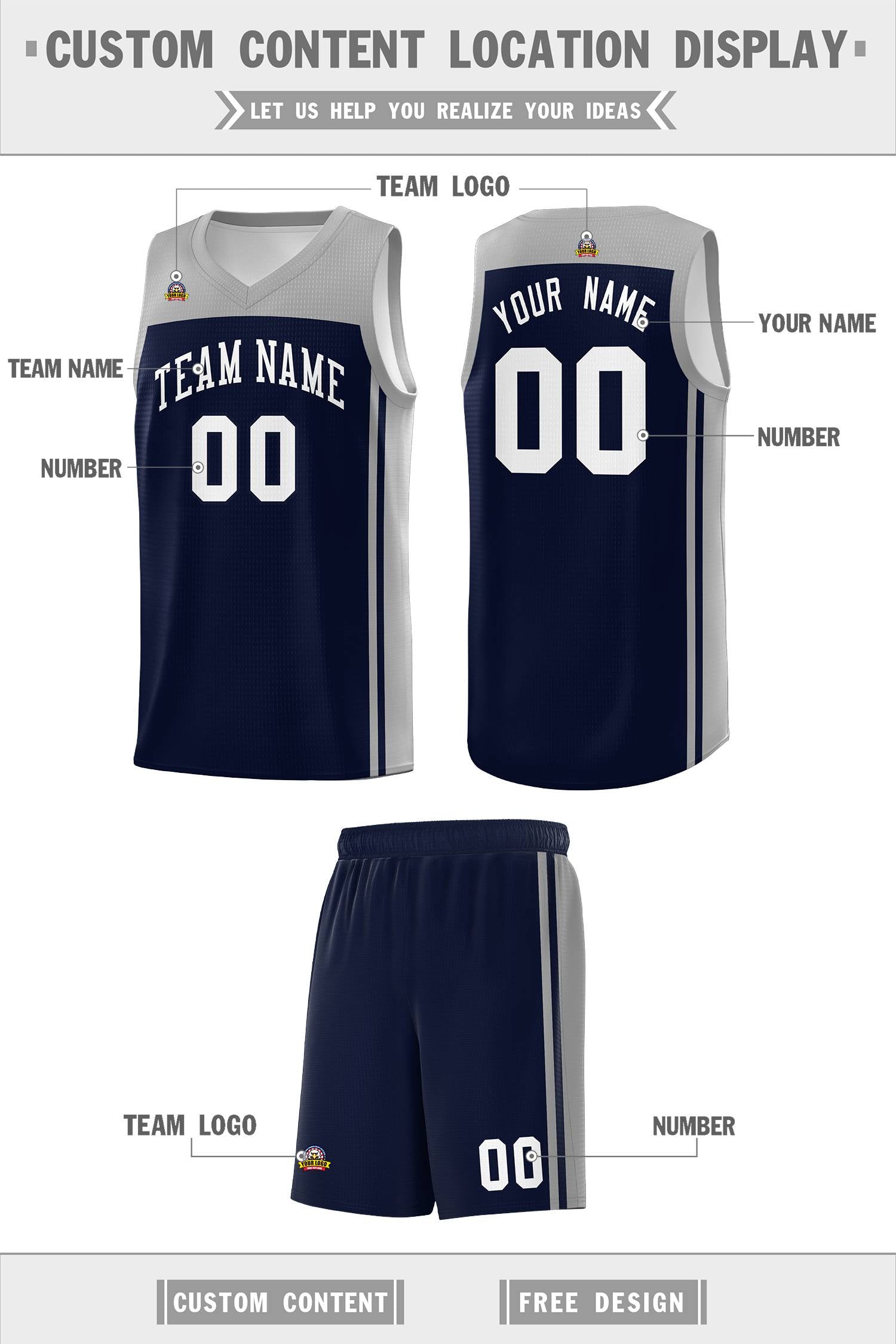 Custom Navy Grey Classic Sets Sports Uniform Basketball Jersey