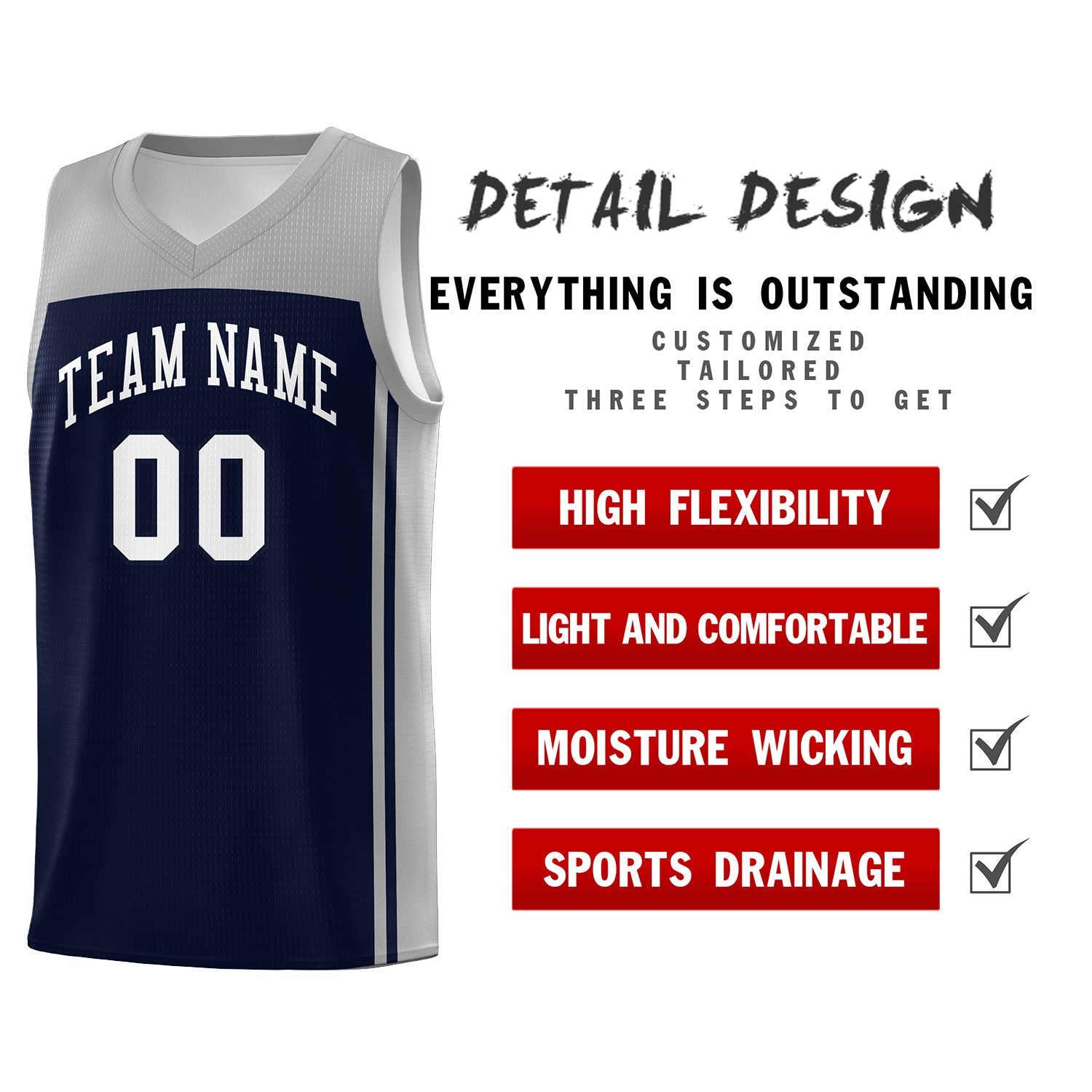 Custom Navy Grey Classic Sets Sports Uniform Basketball Jersey