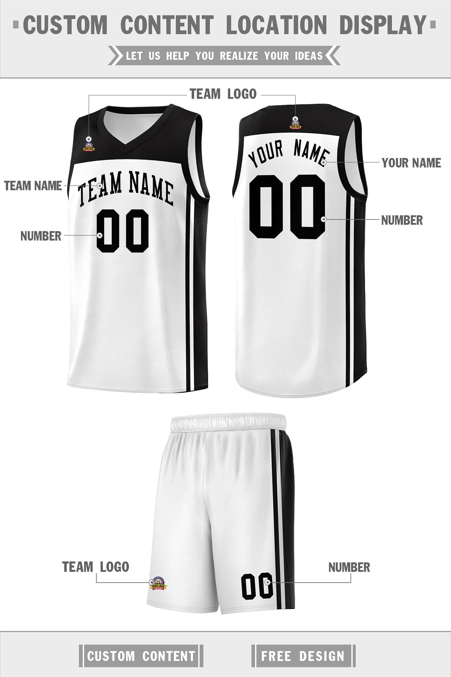 Custom White Black Classic Sets Sports Uniform Basketball Jersey