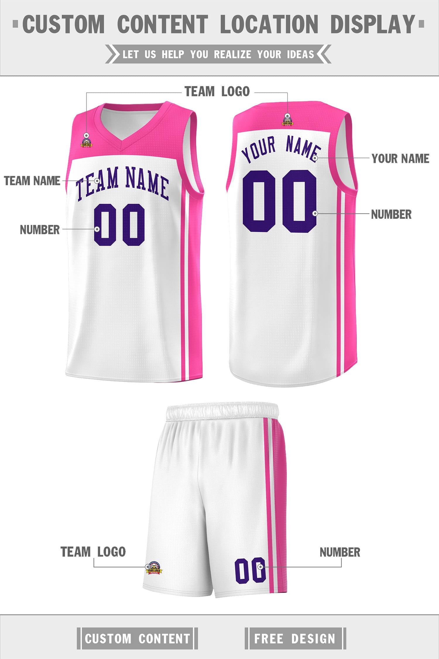 Custom White Pink Classic Sets Sports Uniform Basketball Jersey