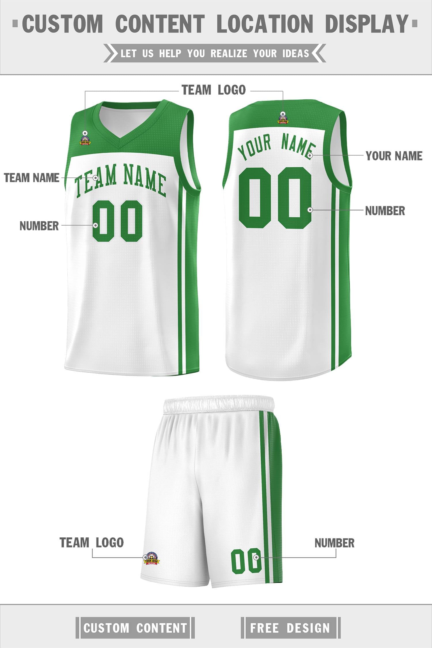 Custom White Kelly Green Classic Sets Sports Uniform Basketball Jersey