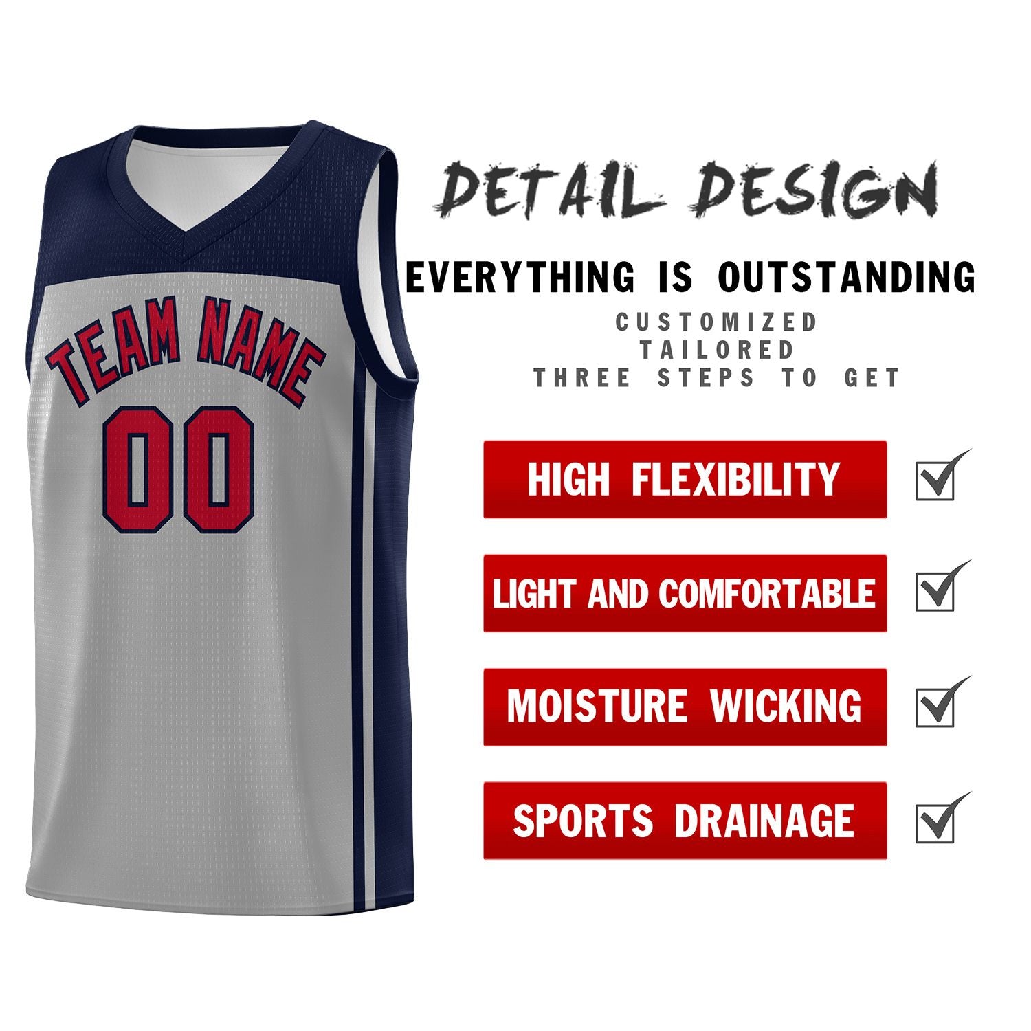 Custom Grey Navy Classic Sets Sports Uniform Basketball Jersey