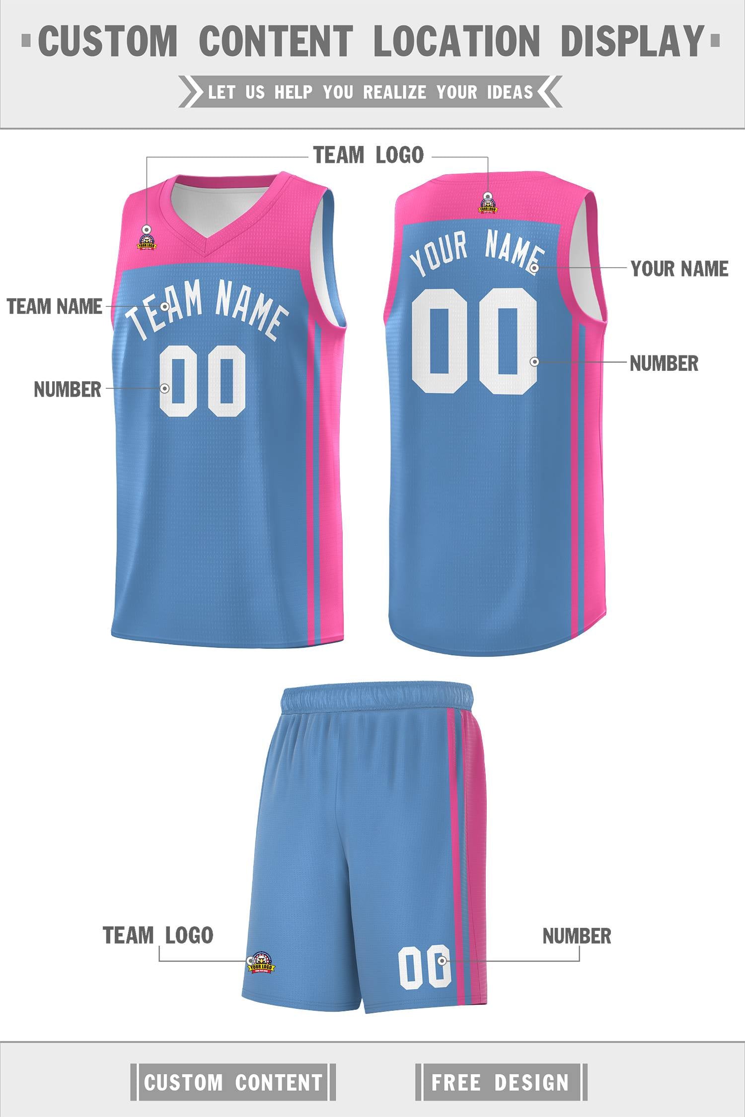 Custom Light Blue Pink Classic Sets Sports Uniform Basketball Jersey