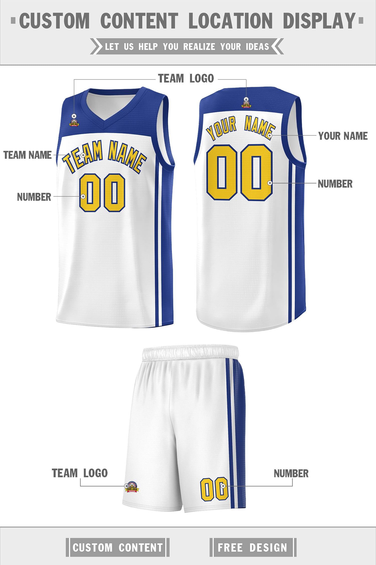 Custom White Royal Classic Sets Sports Uniform Basketball Jersey