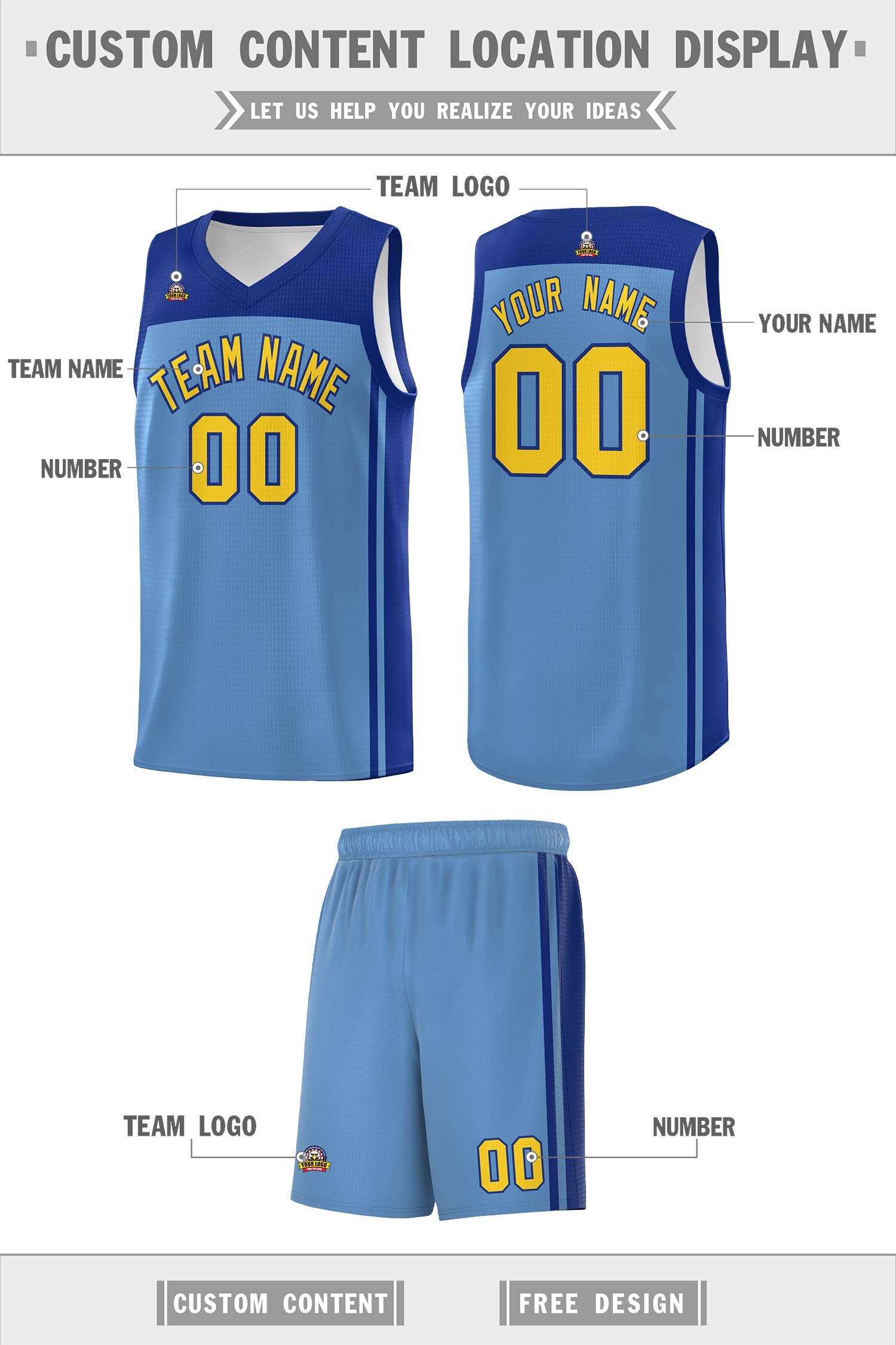 Custom Light Blue Royal Classic Sets Sports Uniform Basketball Jersey