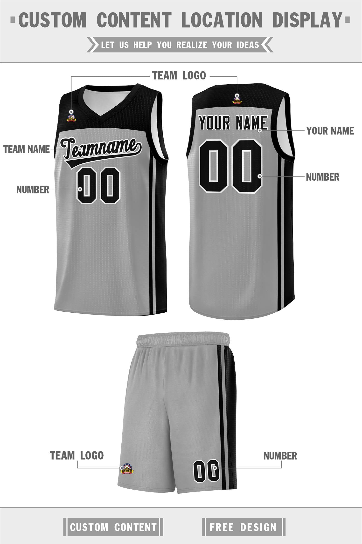 Custom Grey Black Classic Sets Sports Uniform Basketball Jersey