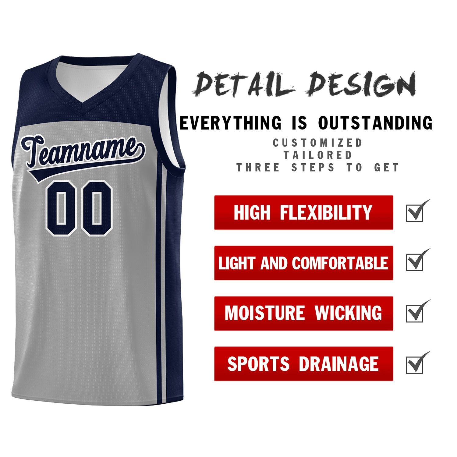 Custom Grey Navy Classic Sets Sports Uniform Basketball Jersey