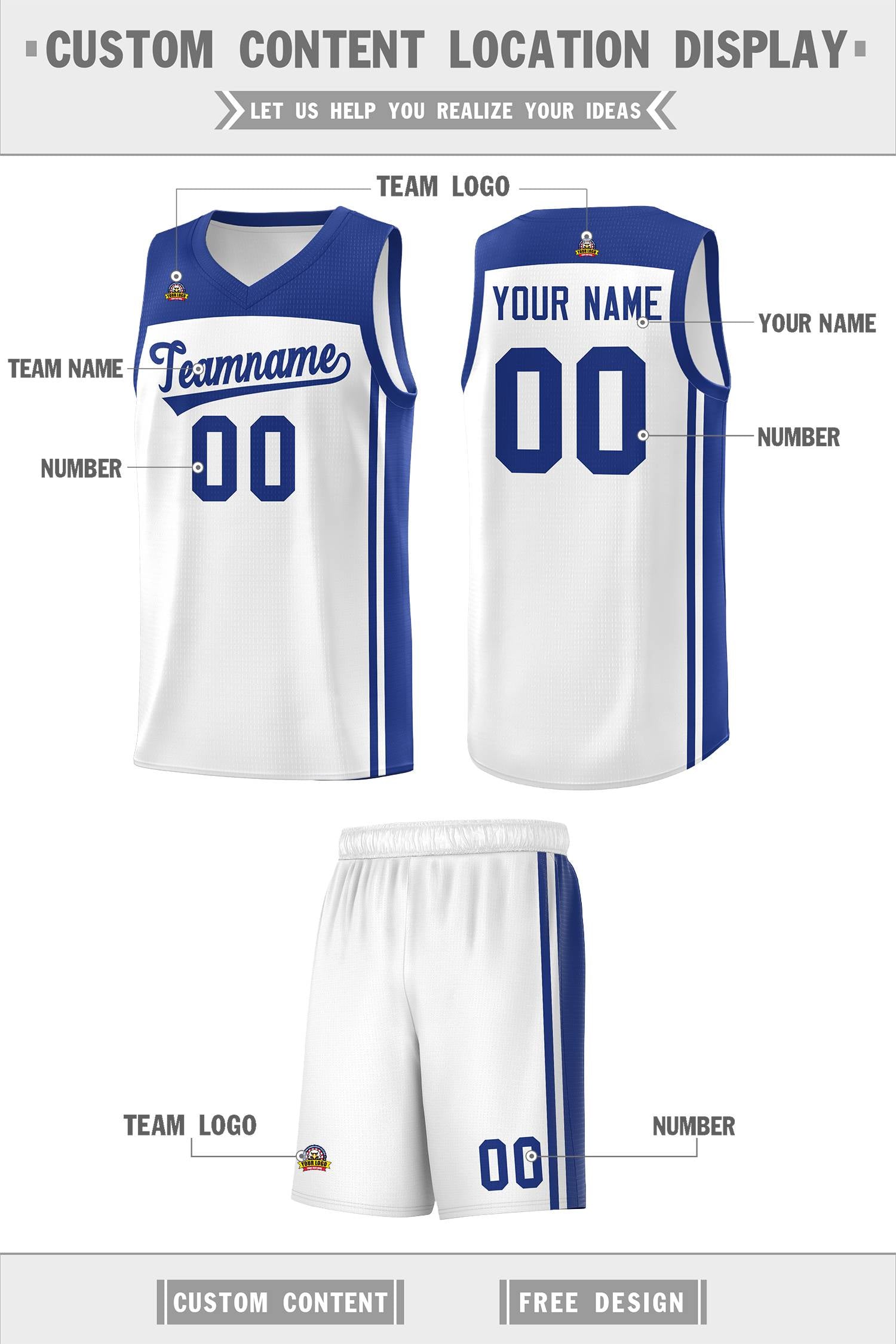 Custom White Royal Classic Sets Sports Uniform Basketball Jersey