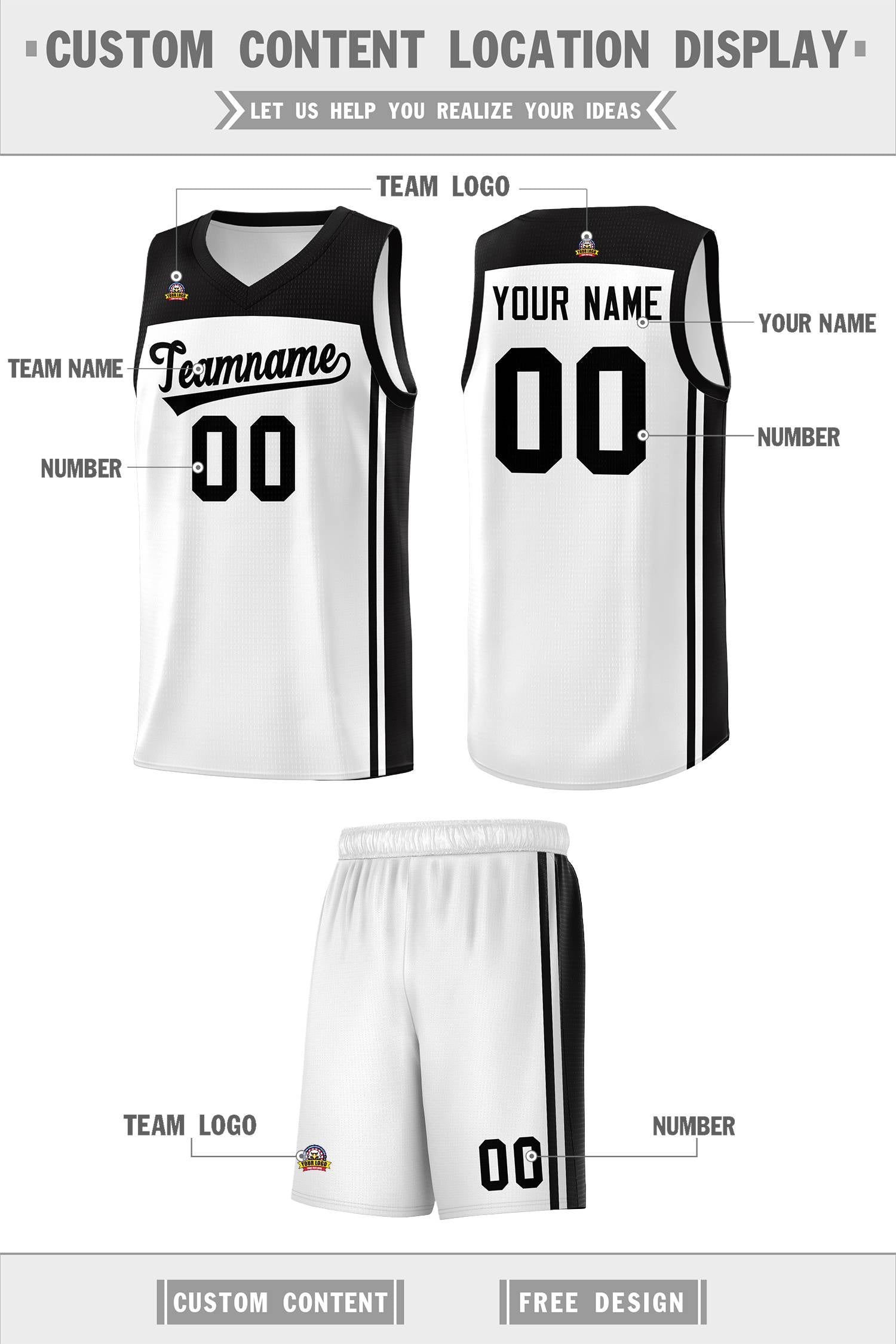 Custom White Black Classic Sets Sports Uniform Basketball Jersey