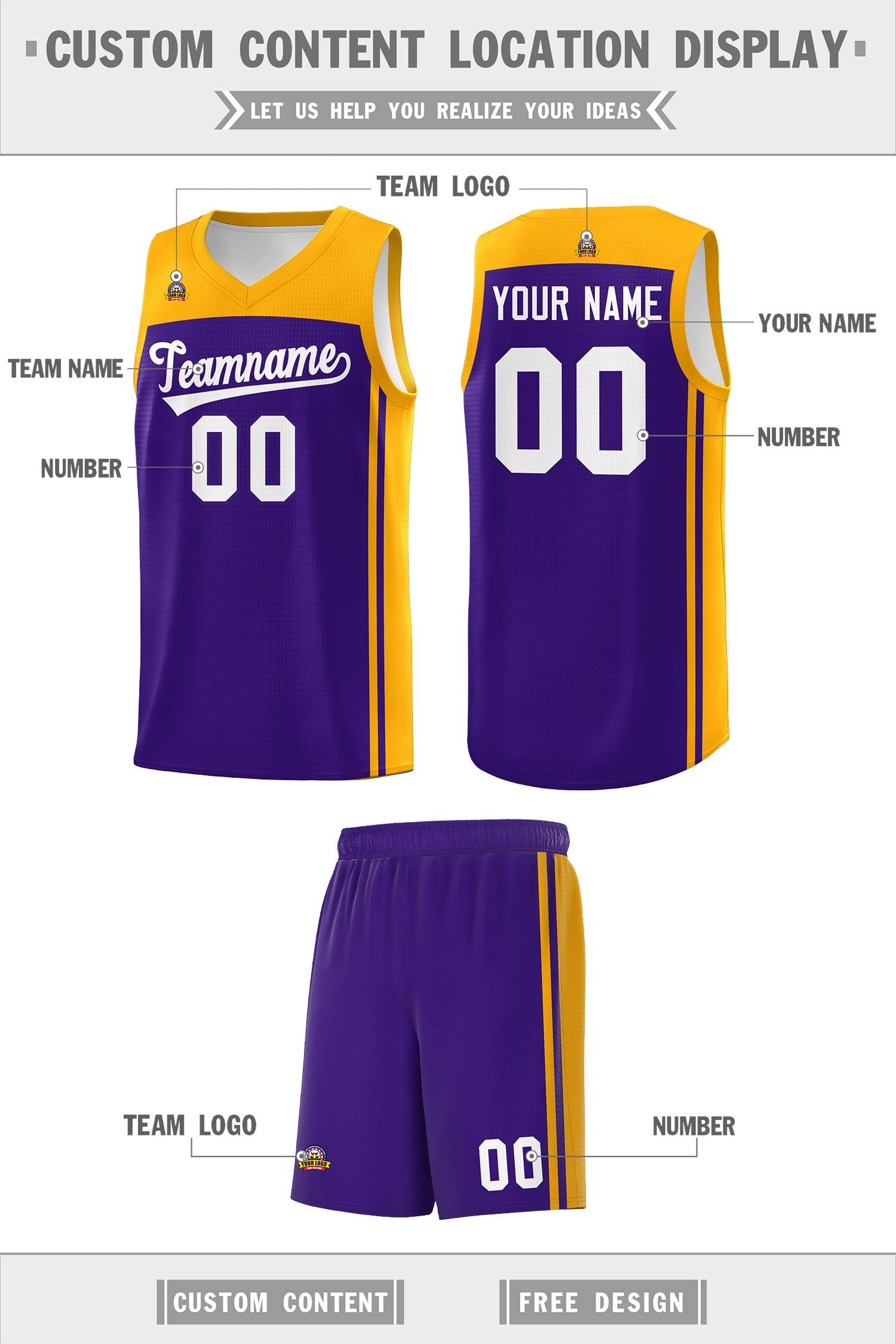 Custom Purple Yellow Classic Sets Sports Uniform Basketball Jersey