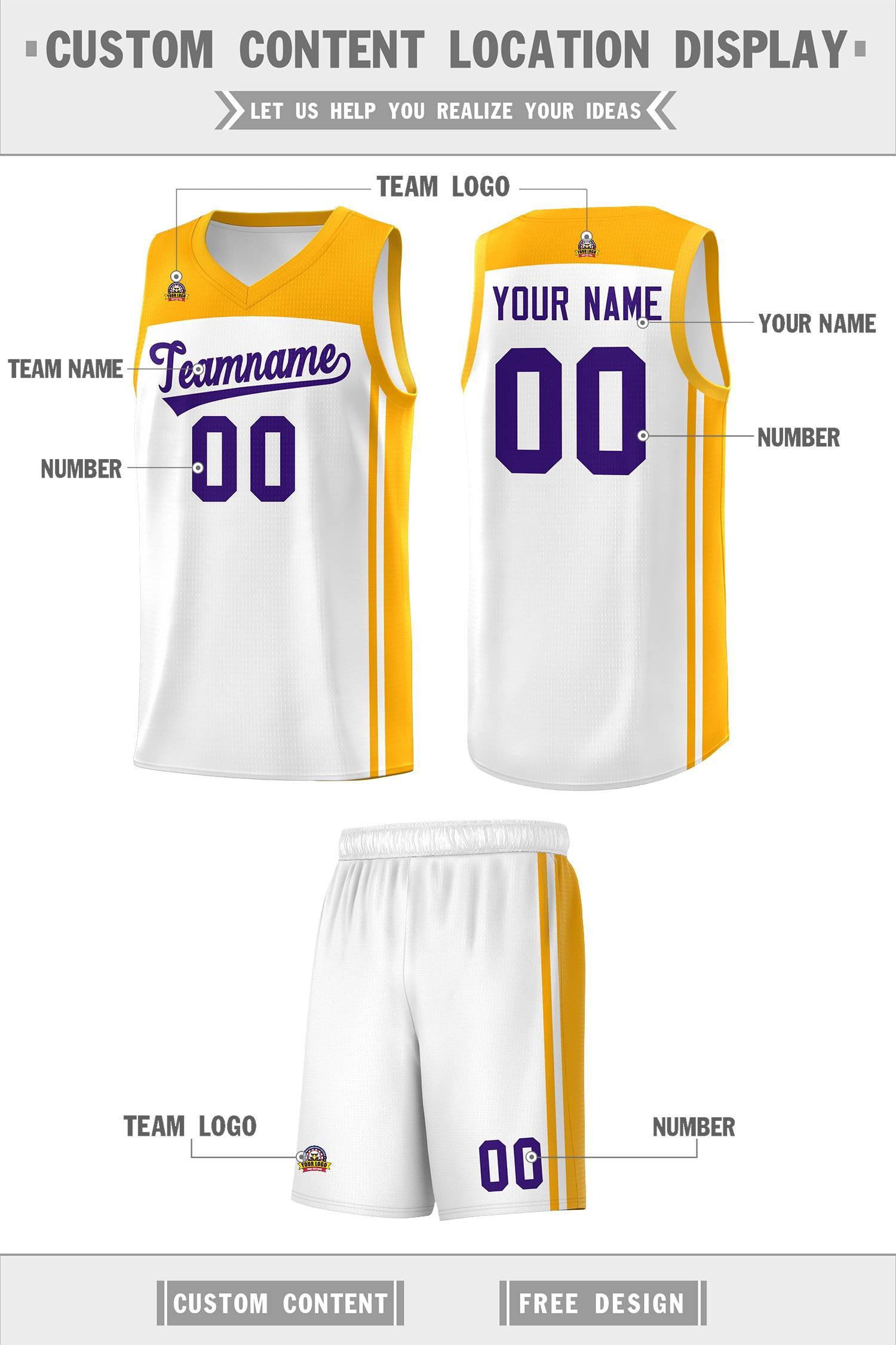 Custom White Yellow Classic Sets Sports Uniform Basketball Jersey