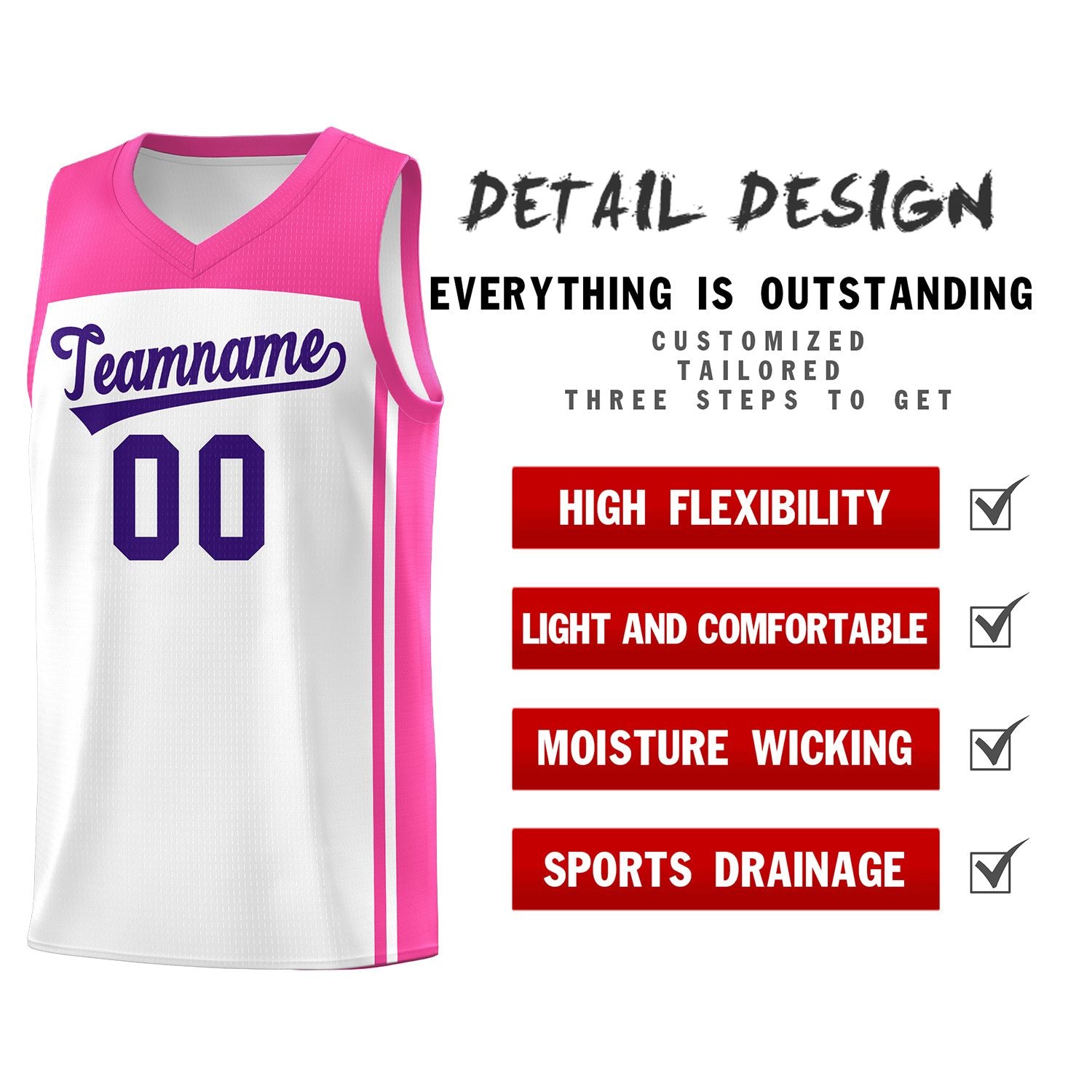 Custom White Pink Classic Sets Sports Uniform Basketball Jersey