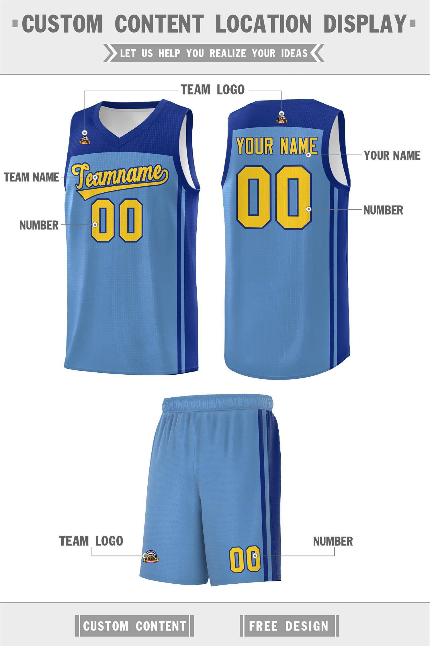 Custom Light Blue Royal Classic Sets Sports Uniform Basketball Jersey