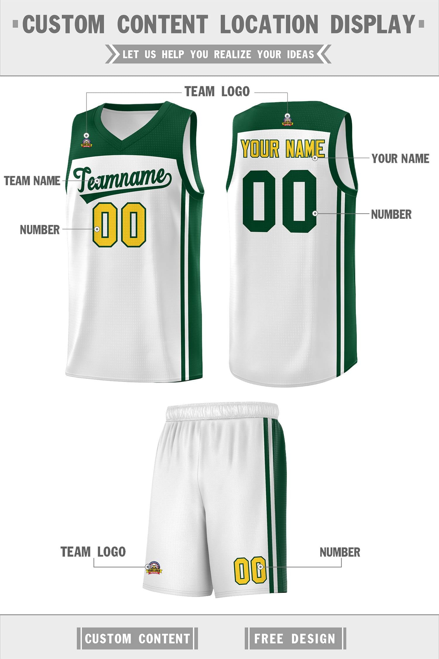 Custom White Green Classic Sets Sports Uniform Basketball Jersey