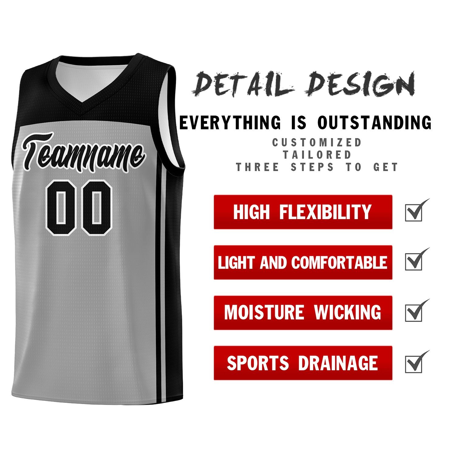 Custom Grey Black Classic Sets Sports Uniform Basketball Jersey