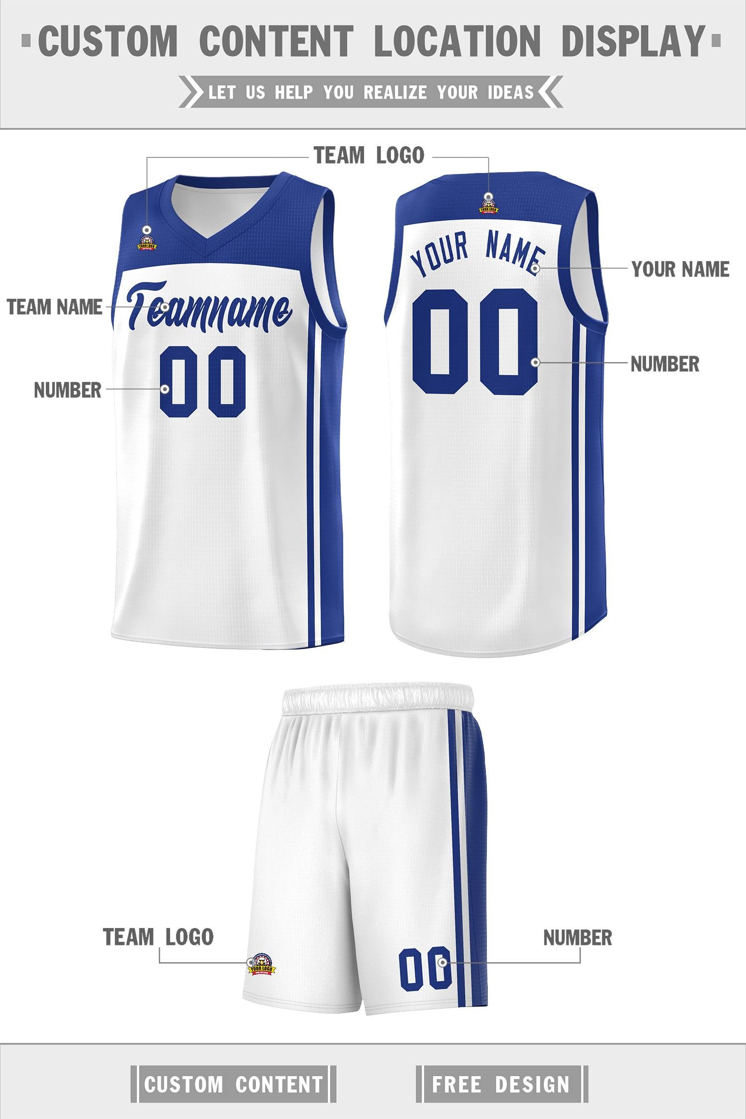 Custom White Royal Classic Sets Sports Uniform Basketball Jersey