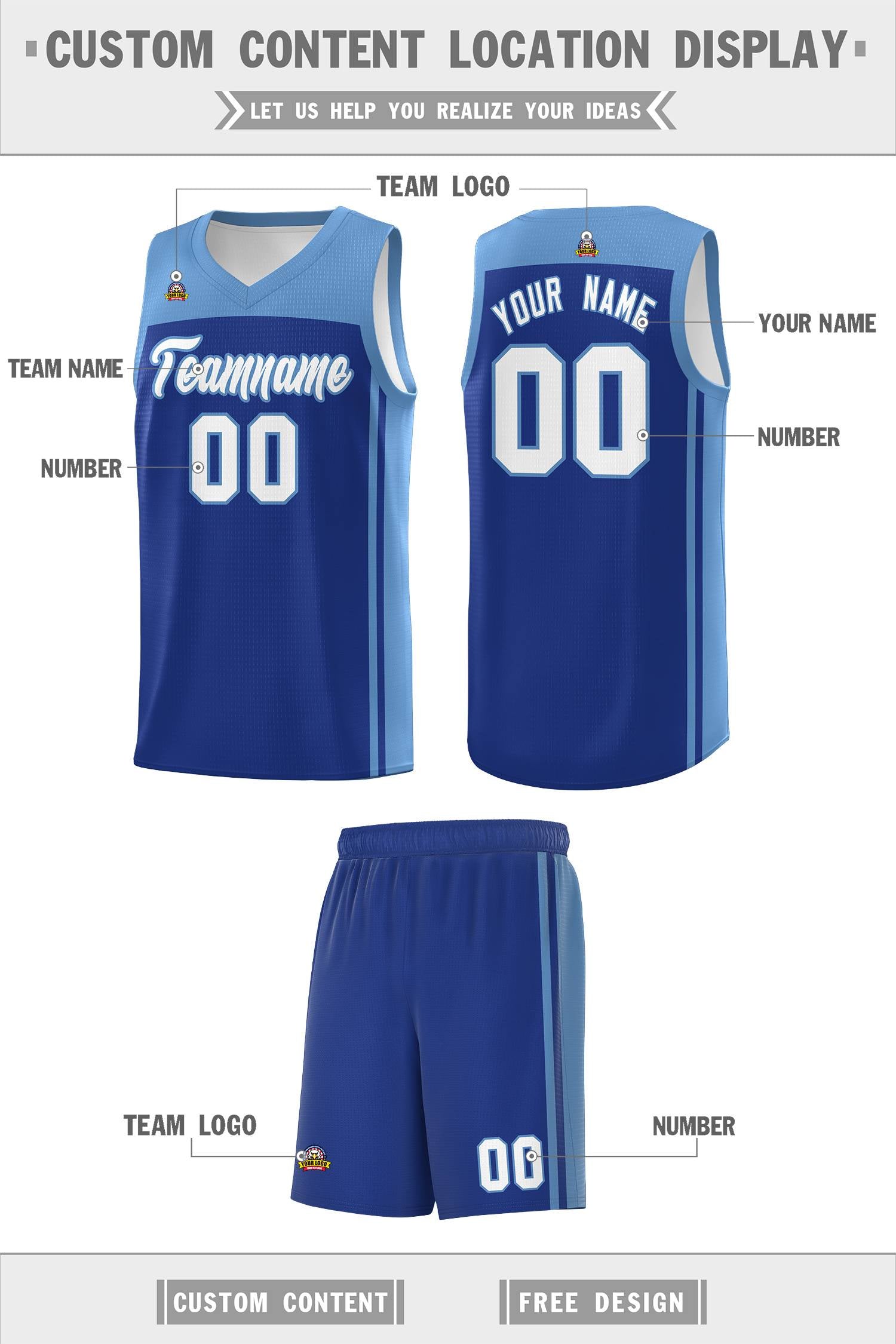 Custom Royal Light Blue Classic Sets Sports Uniform Basketball Jersey