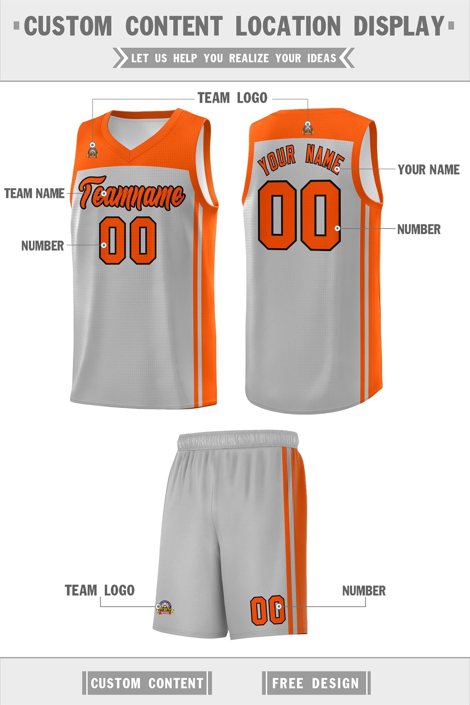 Custom Grey Orange Classic Sets Sports Uniform Basketball Jersey