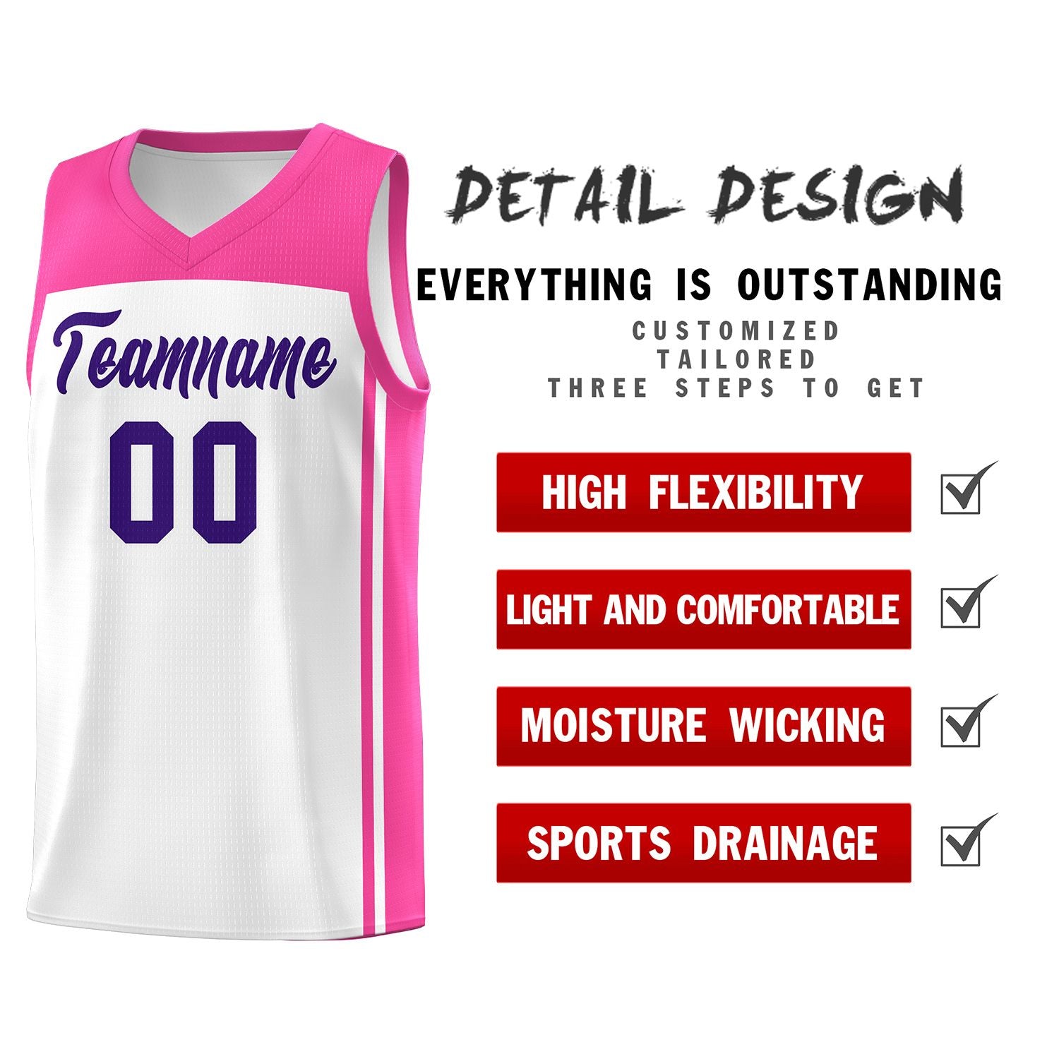 Custom White Pink Classic Sets Sports Uniform Basketball Jersey