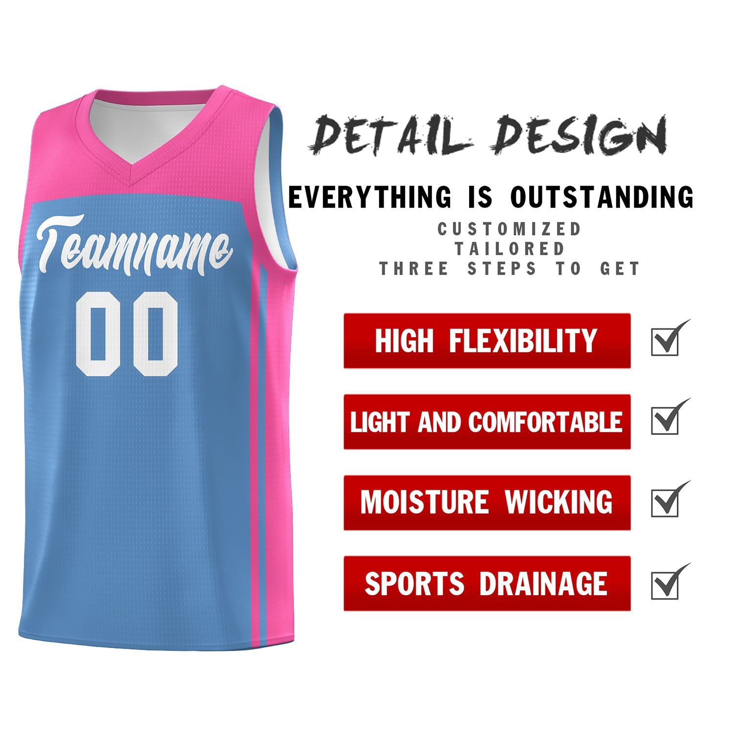 Custom Light Blue Pink Classic Sets Sports Uniform Basketball Jersey