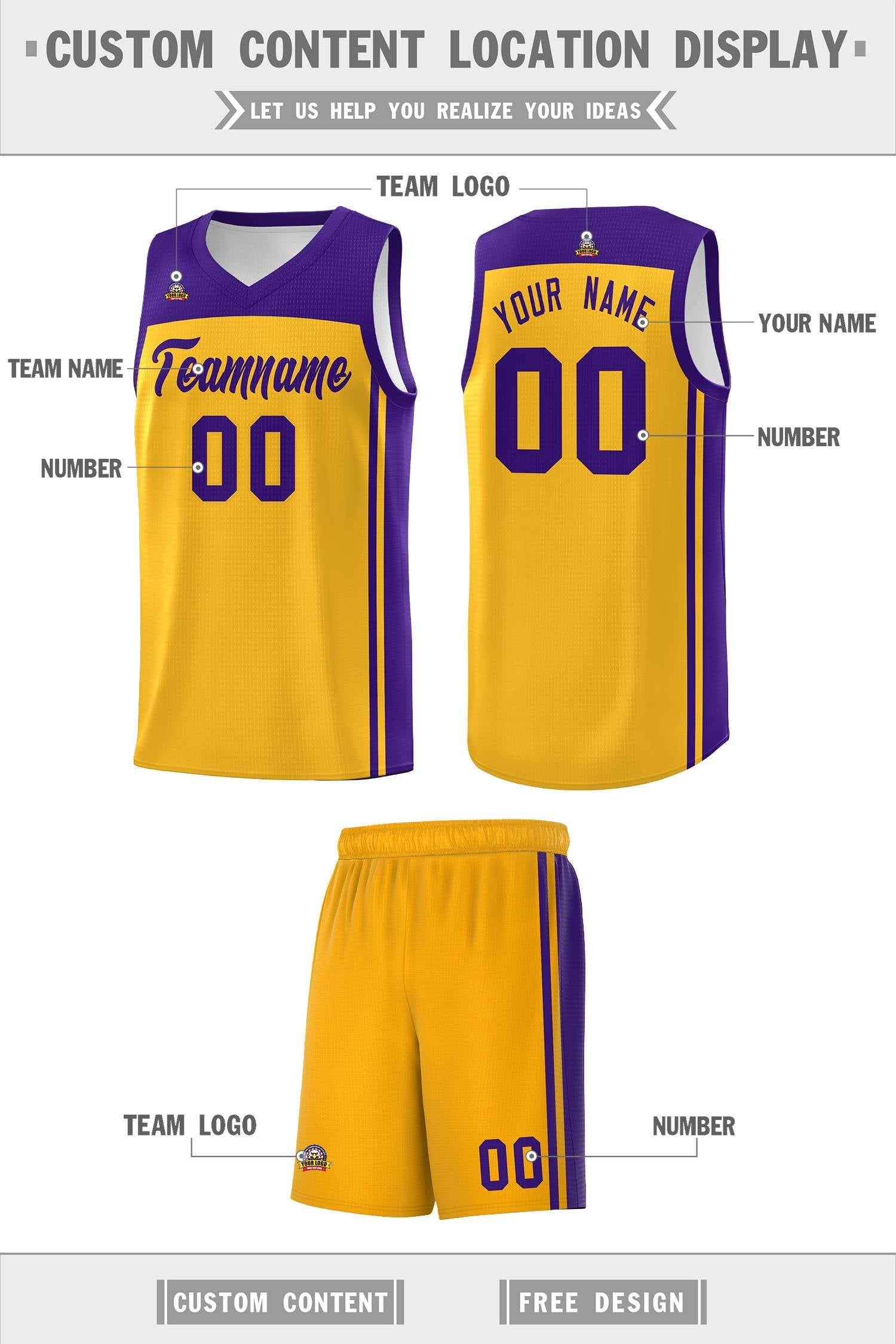 Custom Yellow Purple Classic Sets Sports Uniform Basketball Jersey