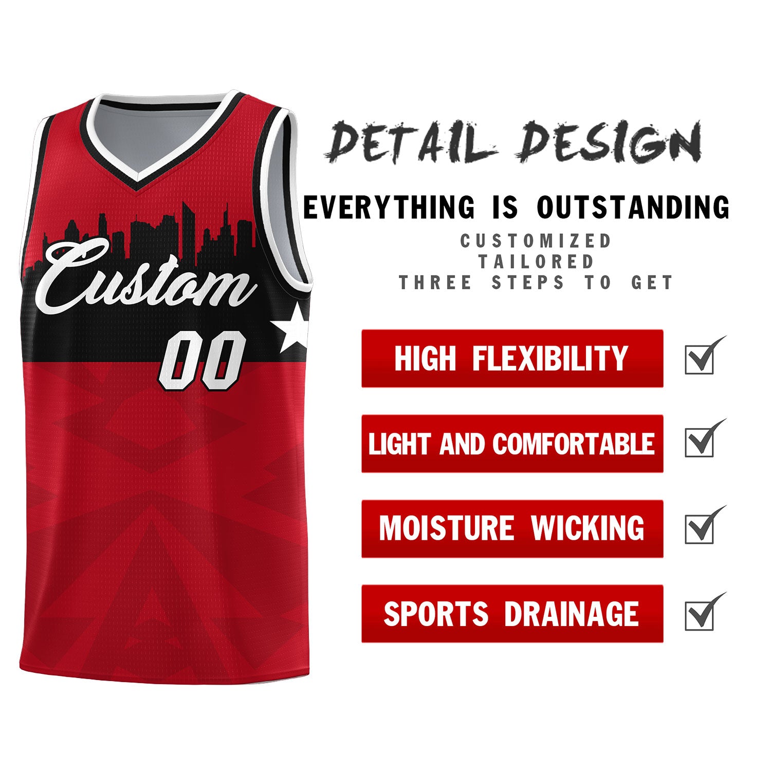 Custom Red Personalized City Silhouette Pattern Sports Uniform Basketball Jersey