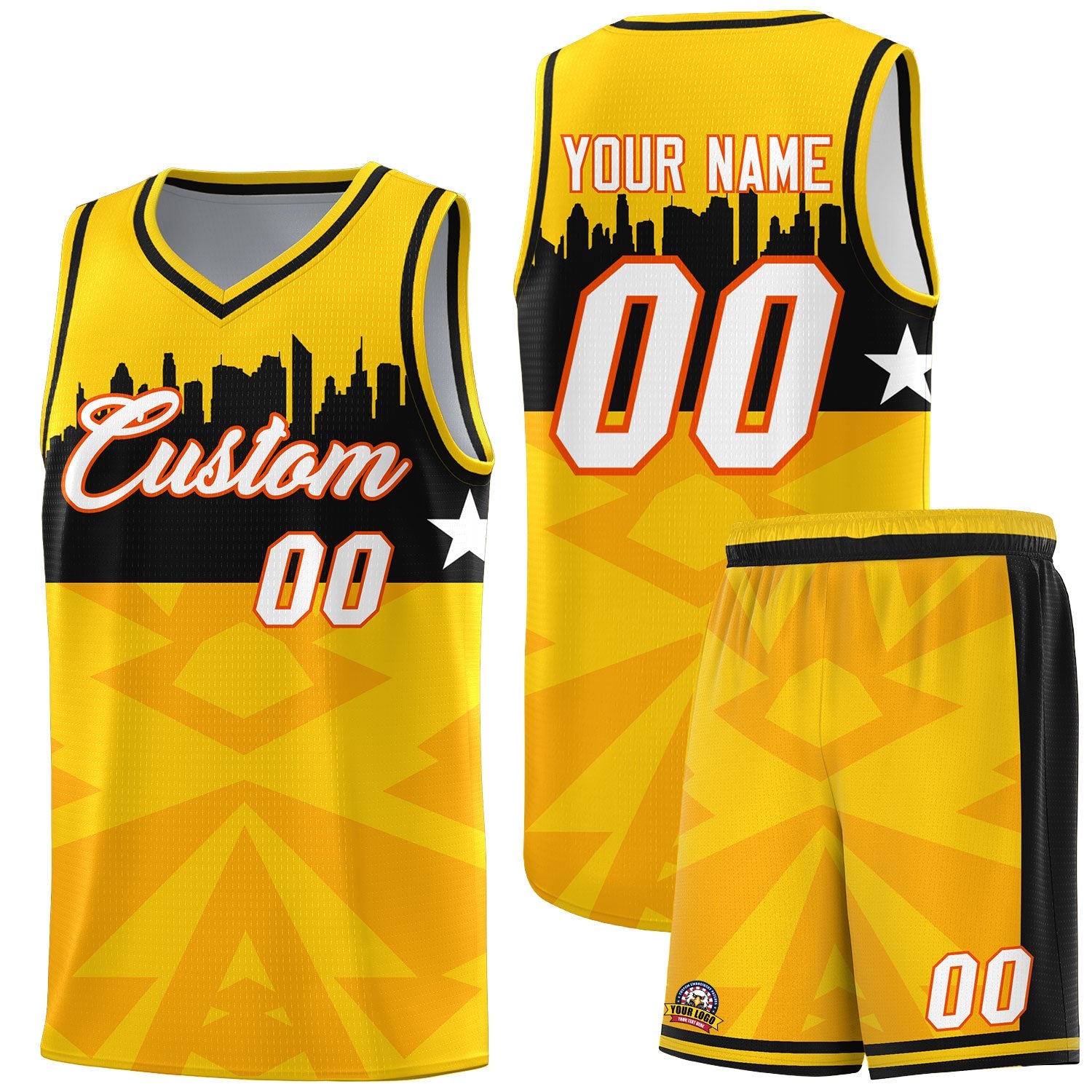 Custom Gold Personalized City Silhouette Pattern Sports Uniform Basketball Jersey