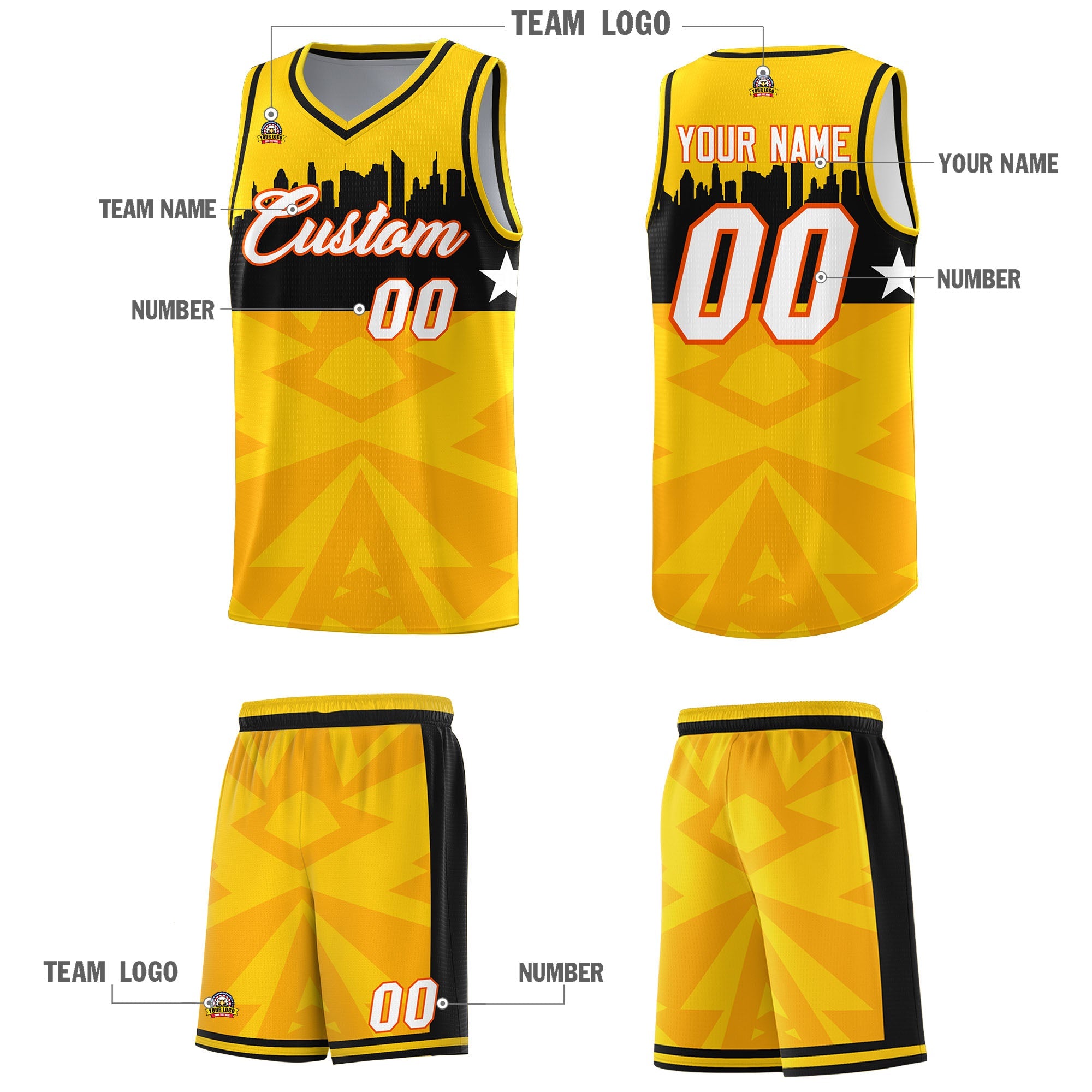 Custom Gold Personalized City Silhouette Pattern Sports Uniform Basketball Jersey