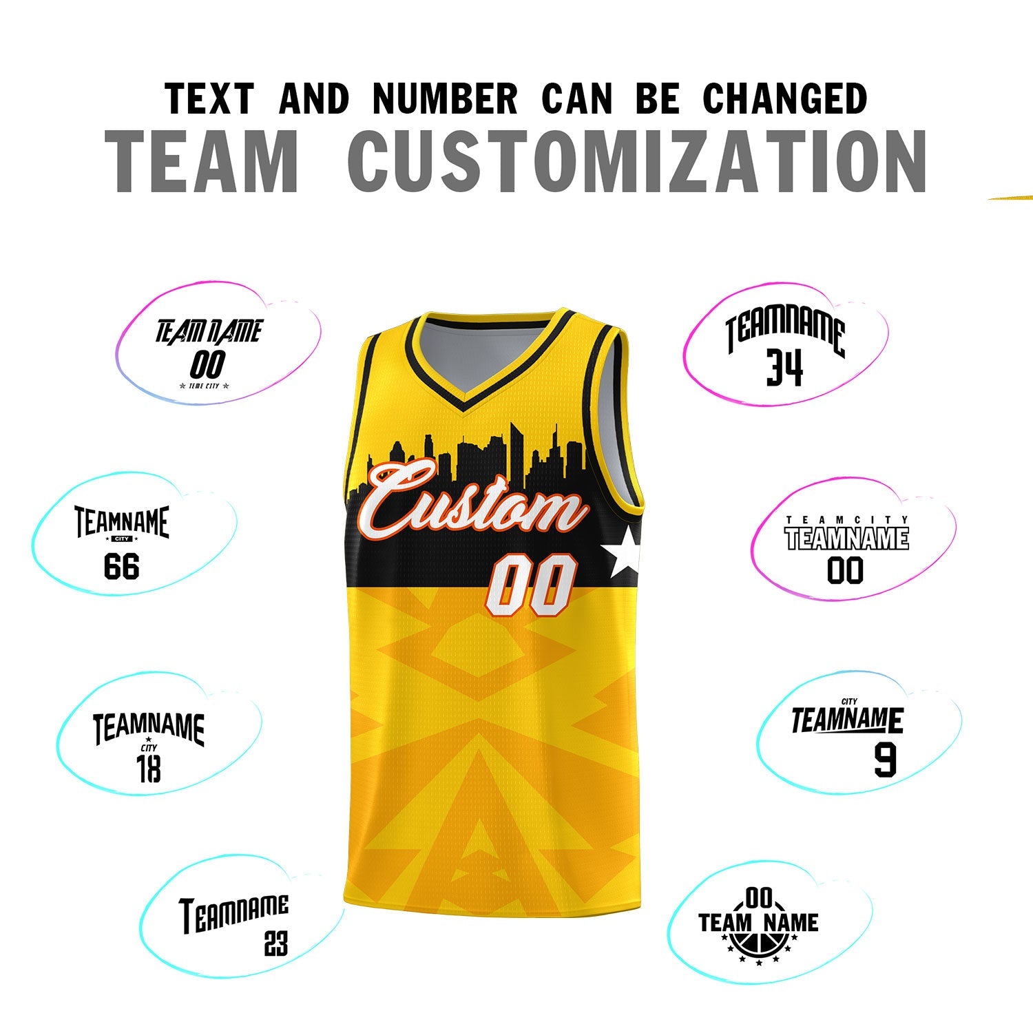 Custom Gold Personalized City Silhouette Pattern Sports Uniform Basketball Jersey