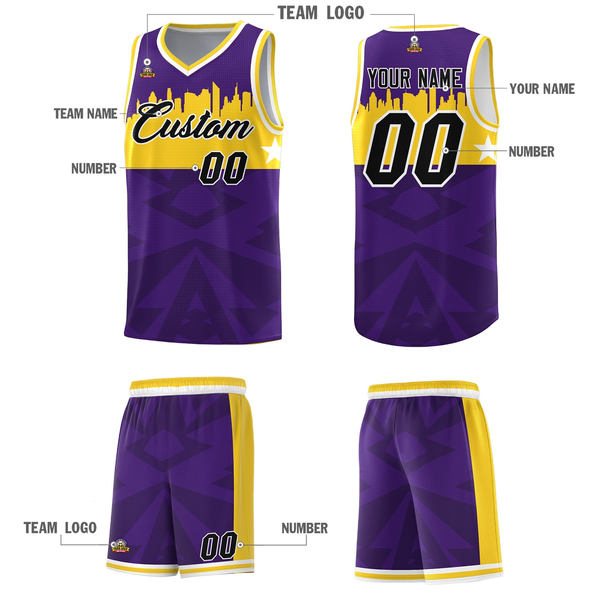 Custom Purple Personalized City Silhouette Pattern Sports Uniform Basketball Jersey