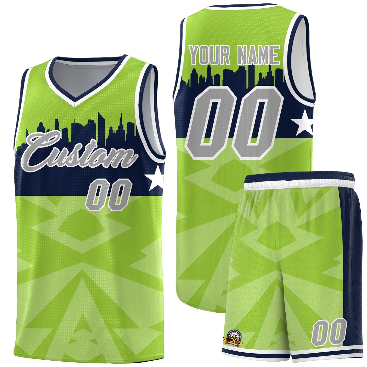 Custom Neon Green Personalized City Silhouette Pattern Sports Uniform Basketball Jersey