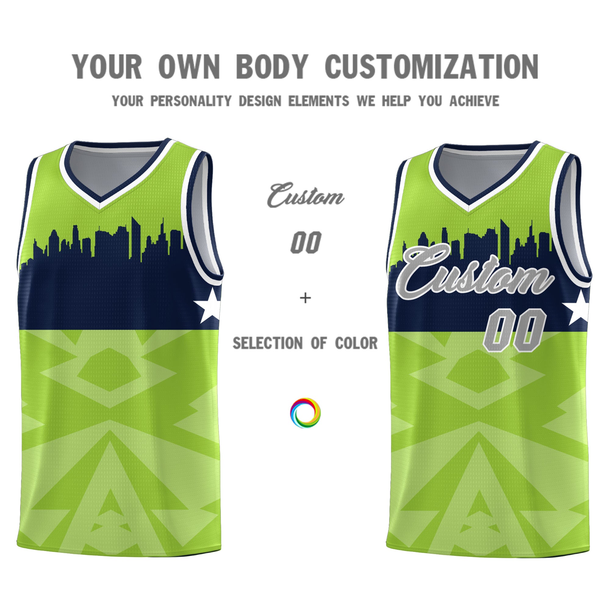 Custom Neon Green Personalized City Silhouette Pattern Sports Uniform Basketball Jersey