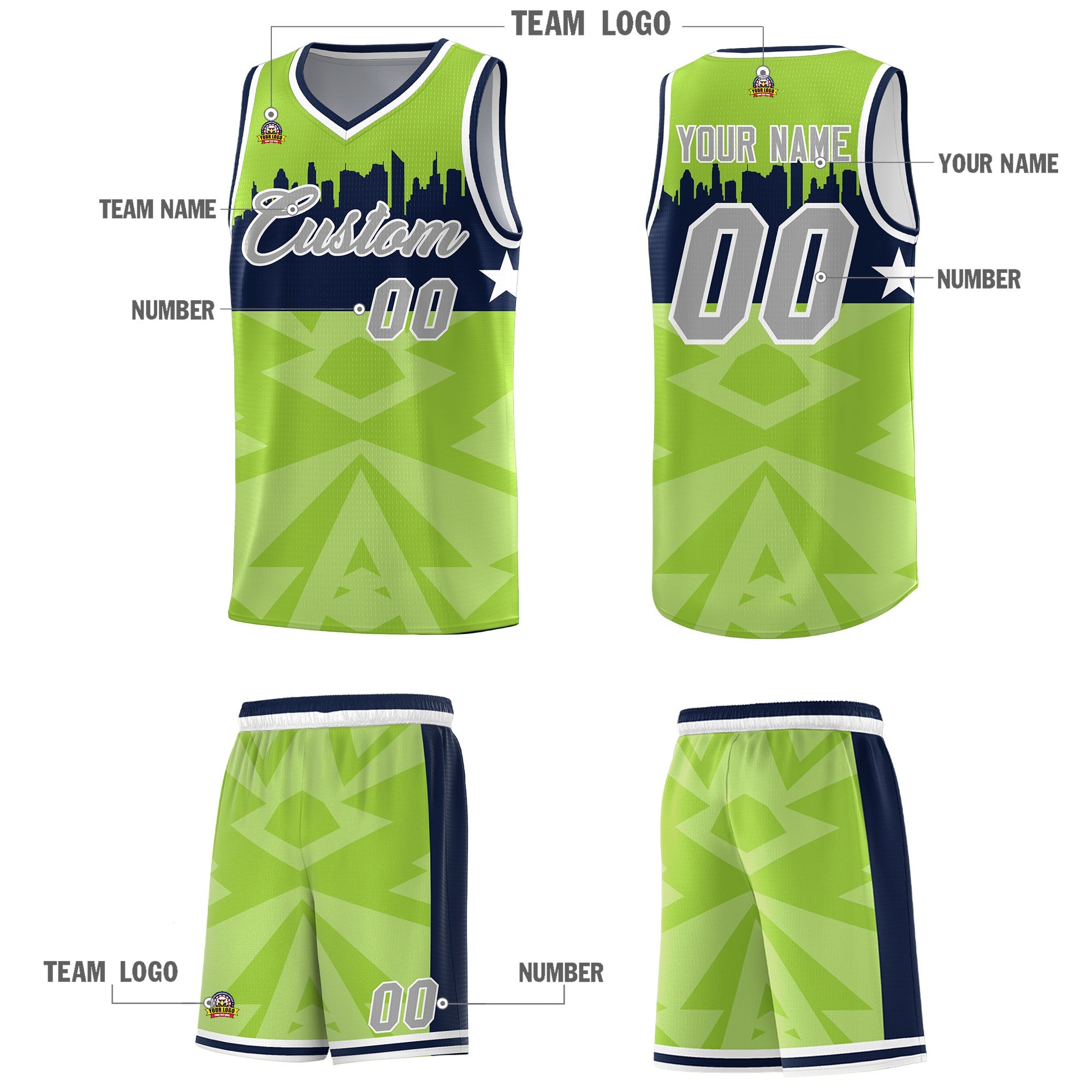 Custom Neon Green Personalized City Silhouette Pattern Sports Uniform Basketball Jersey