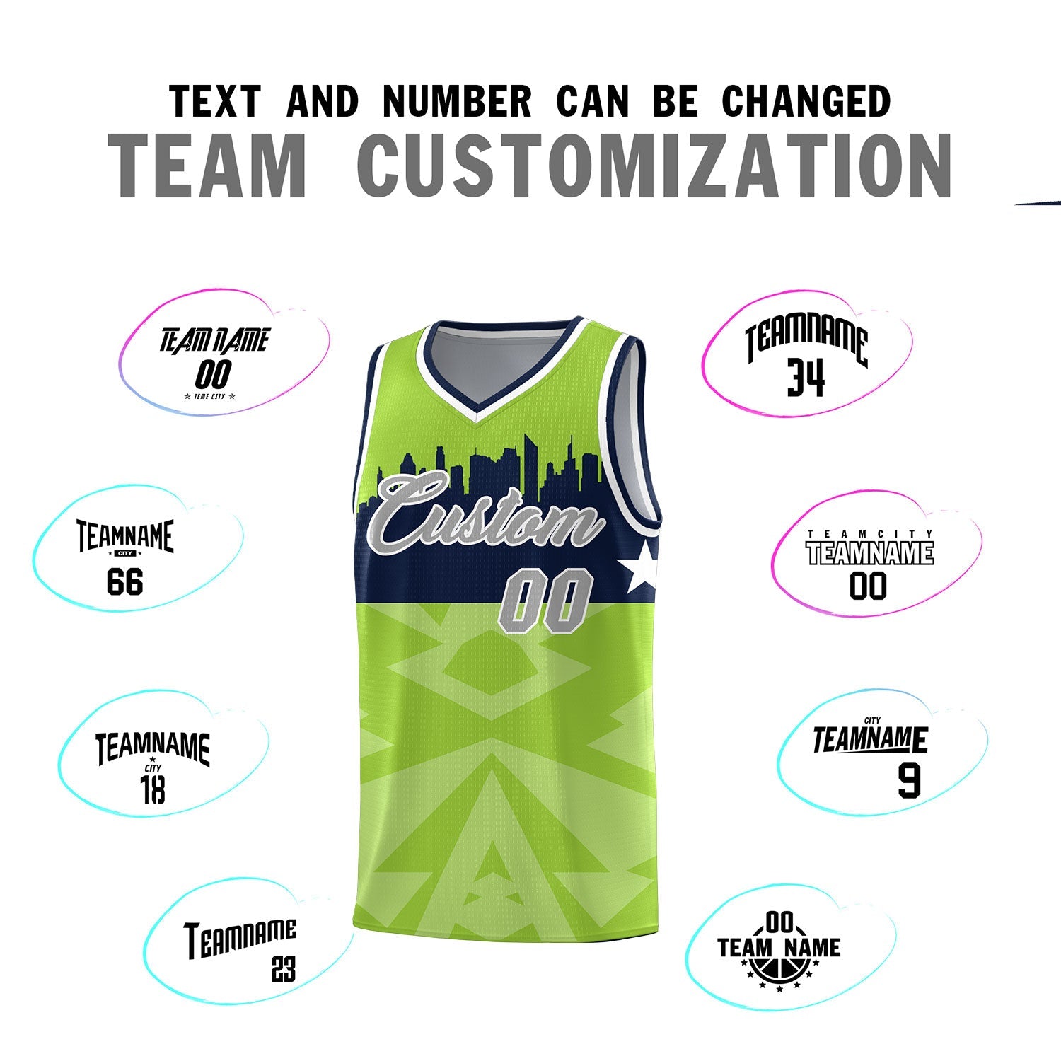 Custom Neon Green Personalized City Silhouette Pattern Sports Uniform Basketball Jersey