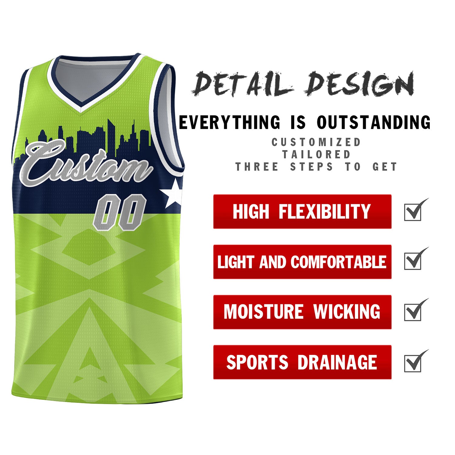 Custom Neon Green Personalized City Silhouette Pattern Sports Uniform Basketball Jersey