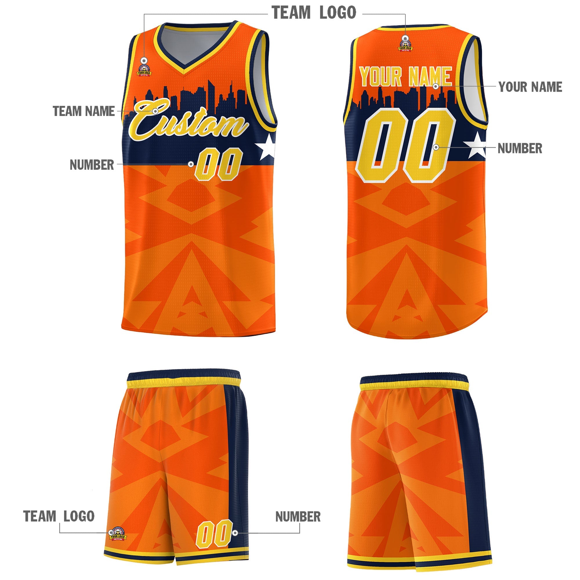 Custom Orange Personalized City Silhouette Pattern Sports Uniform Basketball Jersey