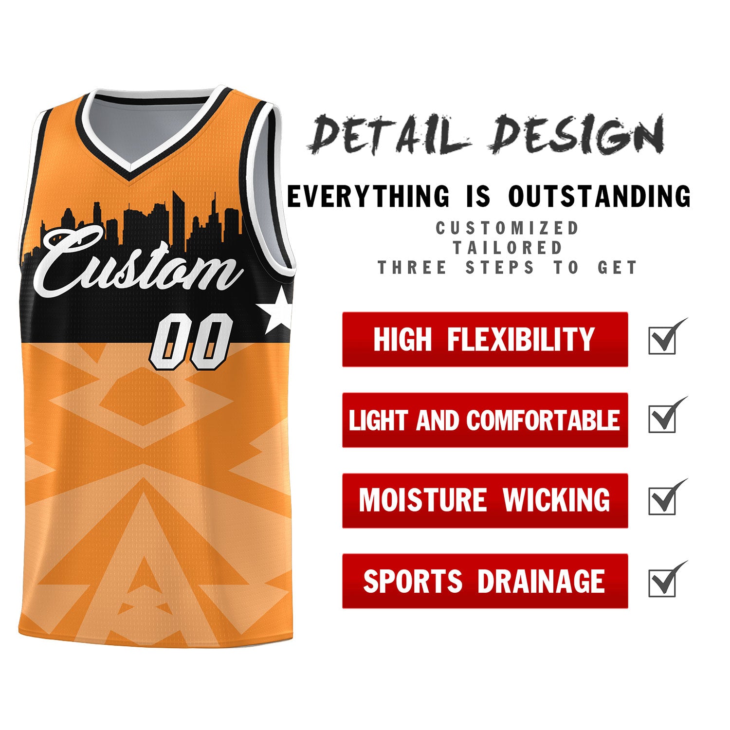 Custom Orange Personalized City Silhouette Pattern Sports Uniform Basketball Jersey