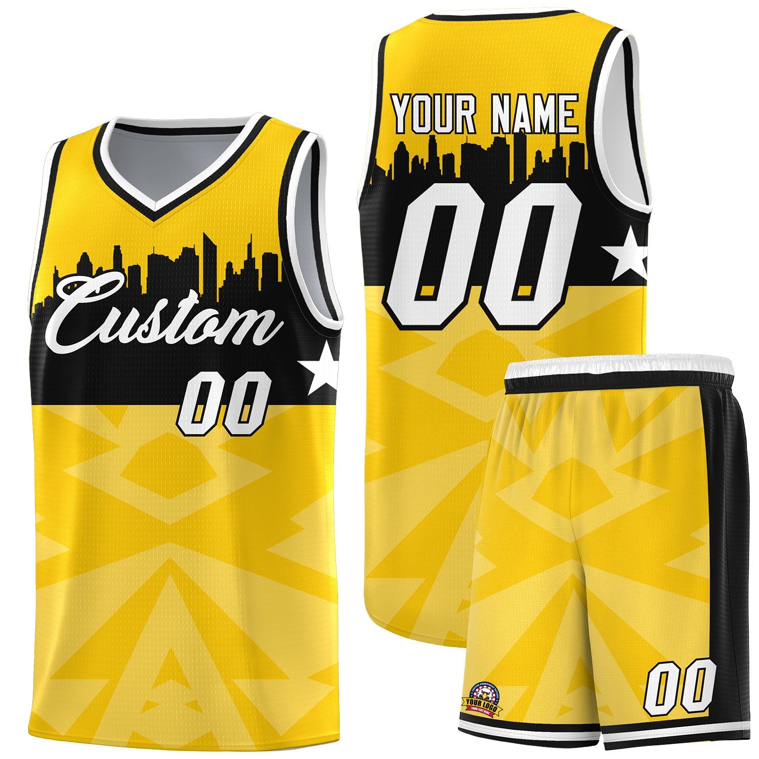 Custom Gold Personalized City Silhouette Pattern Sports Uniform Basketball Jersey