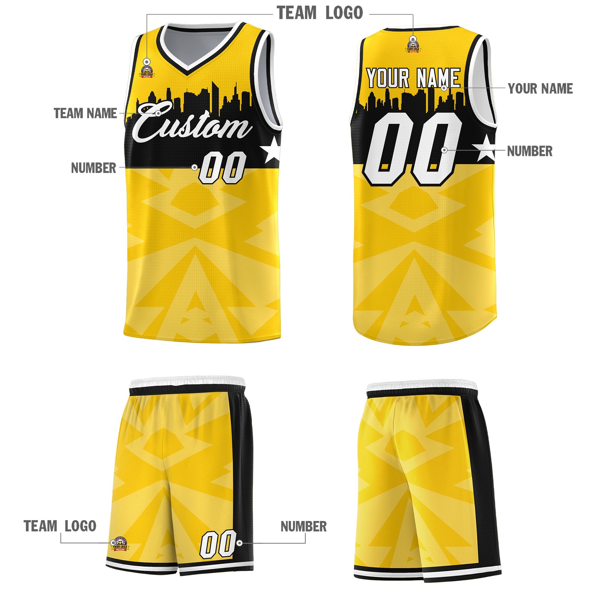 Custom Gold Personalized City Silhouette Pattern Sports Uniform Basketball Jersey