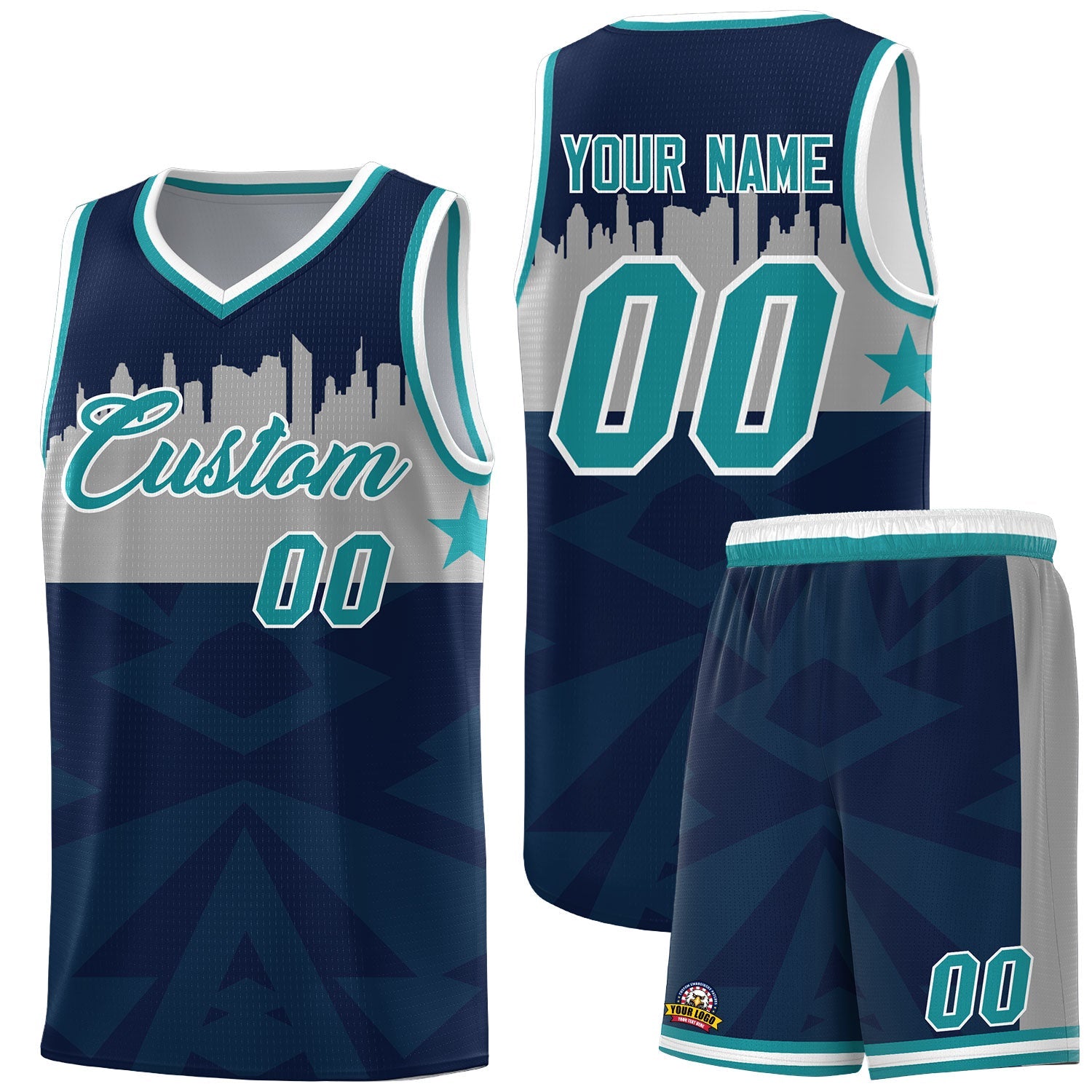 Custom Navy Personalized City Silhouette Pattern Sports Uniform Basketball Jersey