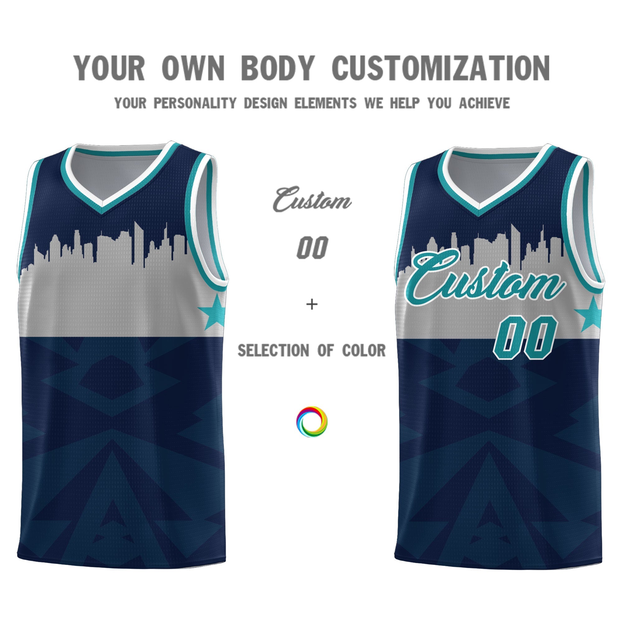 Custom Navy Personalized City Silhouette Pattern Sports Uniform Basketball Jersey