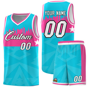 Custom Sky Blue Personalized City Silhouette Pattern Sports Uniform Basketball Jersey