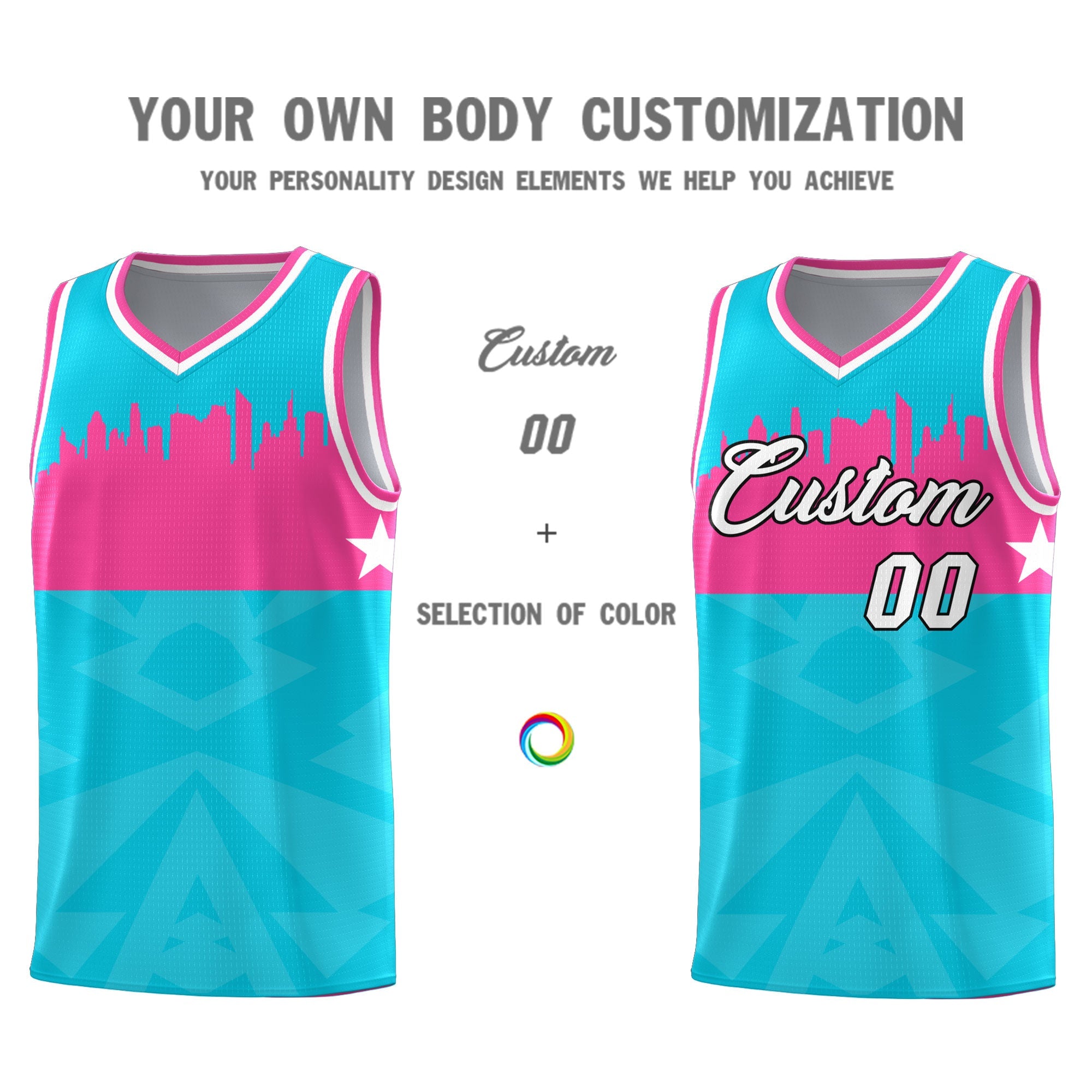 Custom Sky Blue Personalized City Silhouette Pattern Sports Uniform Basketball Jersey