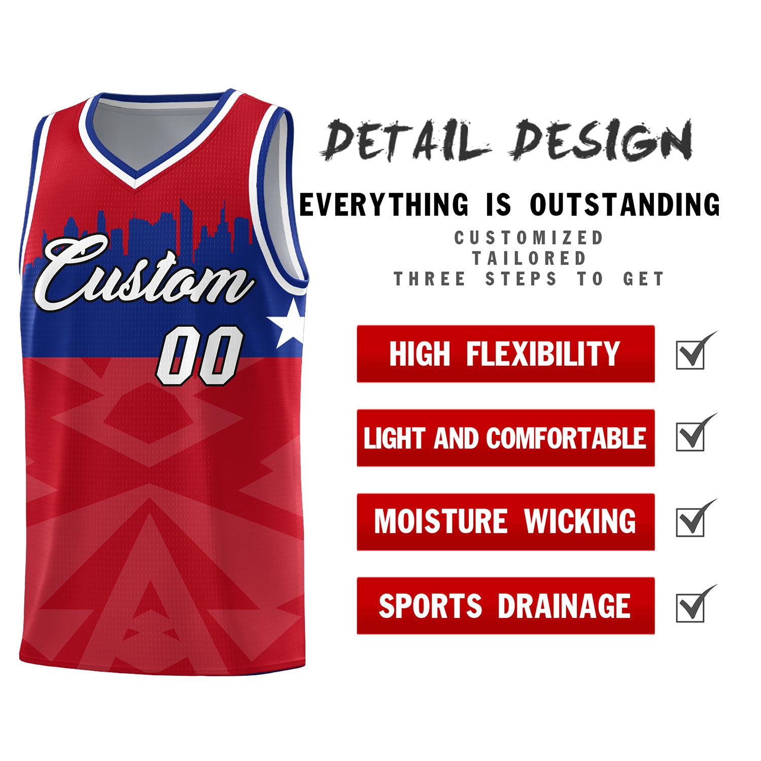 Custom Red Personalized City Silhouette Pattern Sports Uniform Basketball Jersey