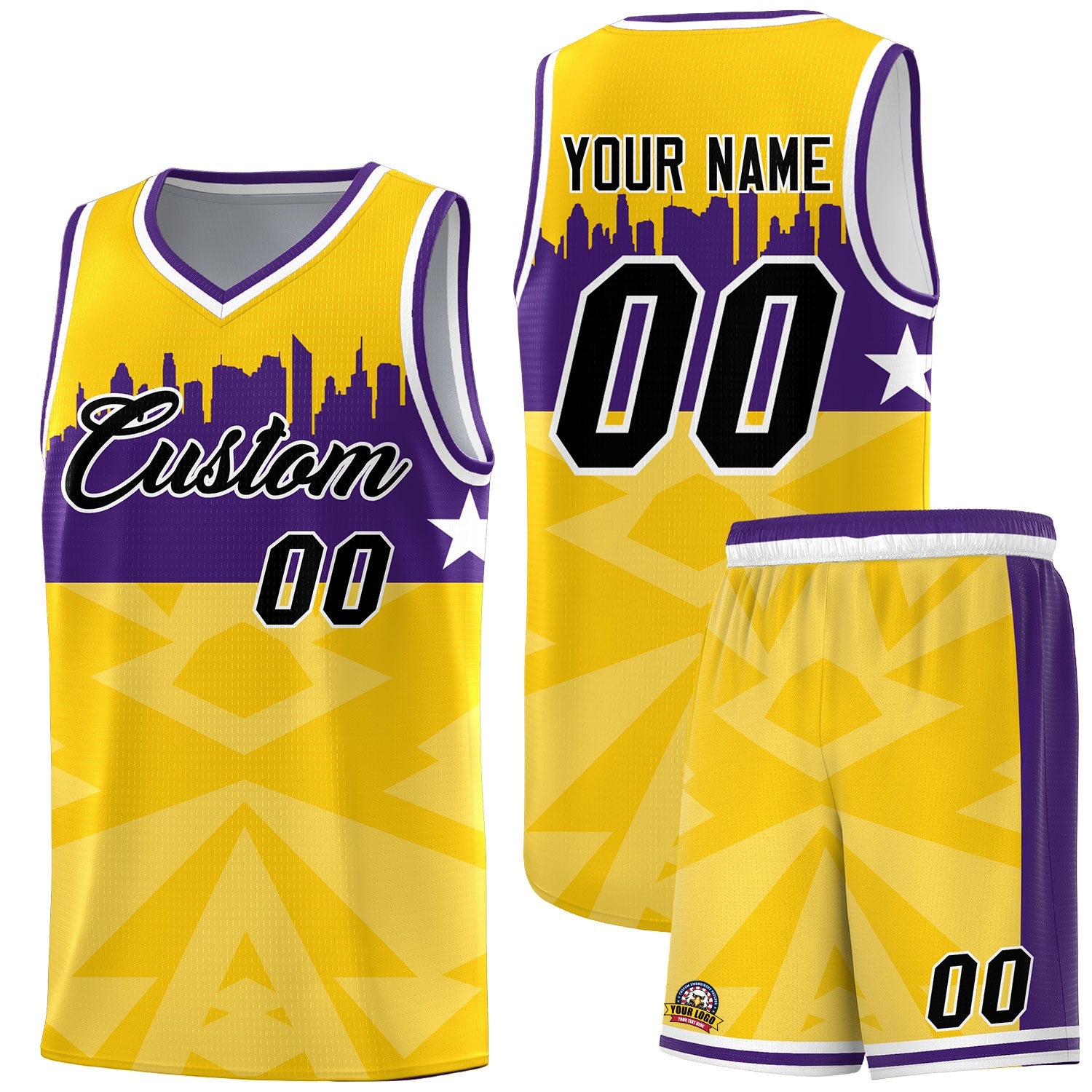 Custom Gold Personalized City Silhouette Pattern Sports Uniform Basketball Jersey