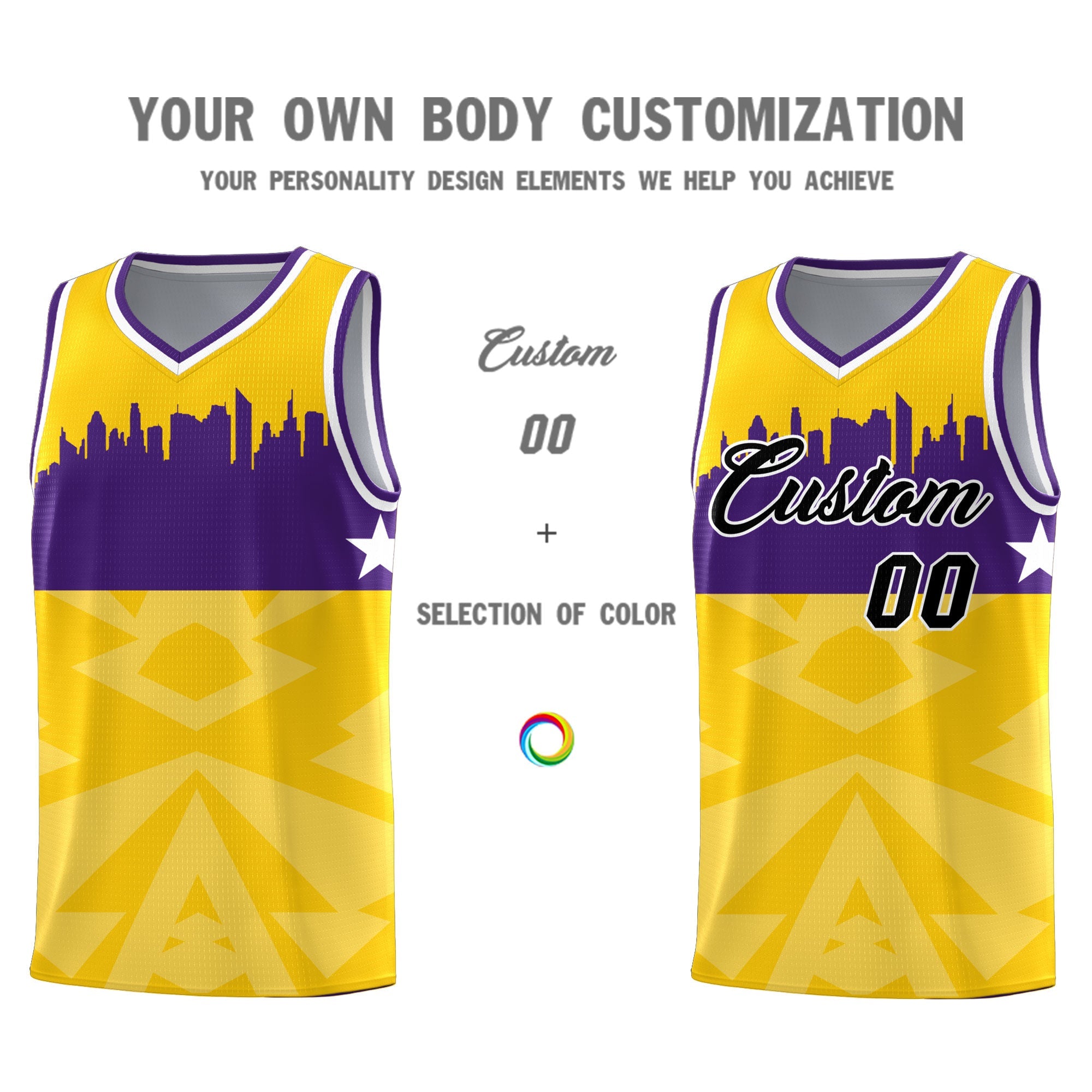 Custom Gold Personalized City Silhouette Pattern Sports Uniform Basketball Jersey