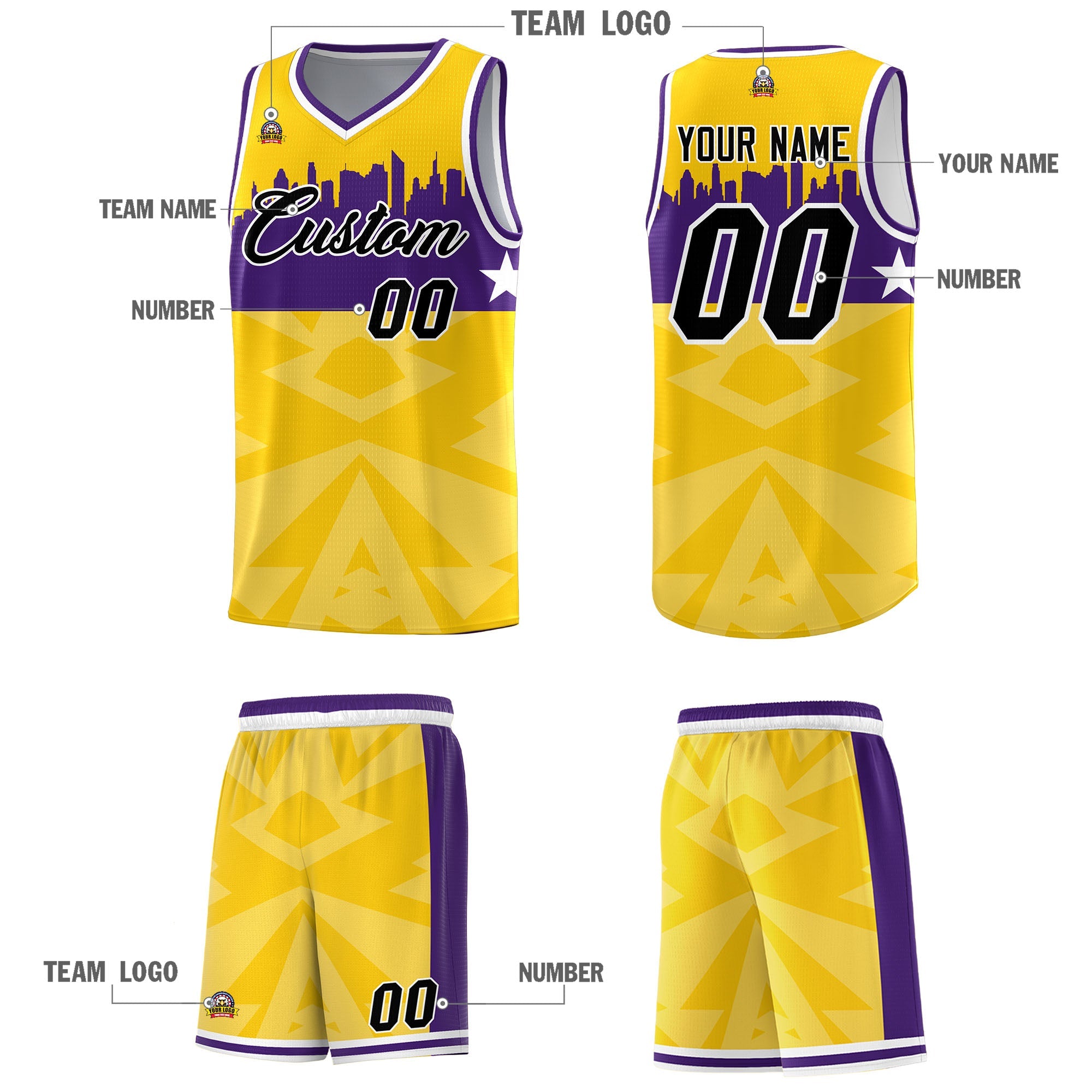 Custom Gold Personalized City Silhouette Pattern Sports Uniform Basketball Jersey