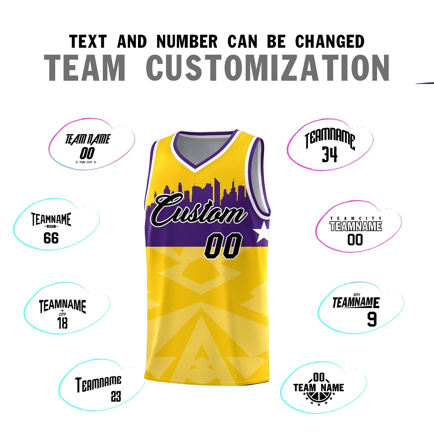 Custom Gold Personalized City Silhouette Pattern Sports Uniform Basketball Jersey