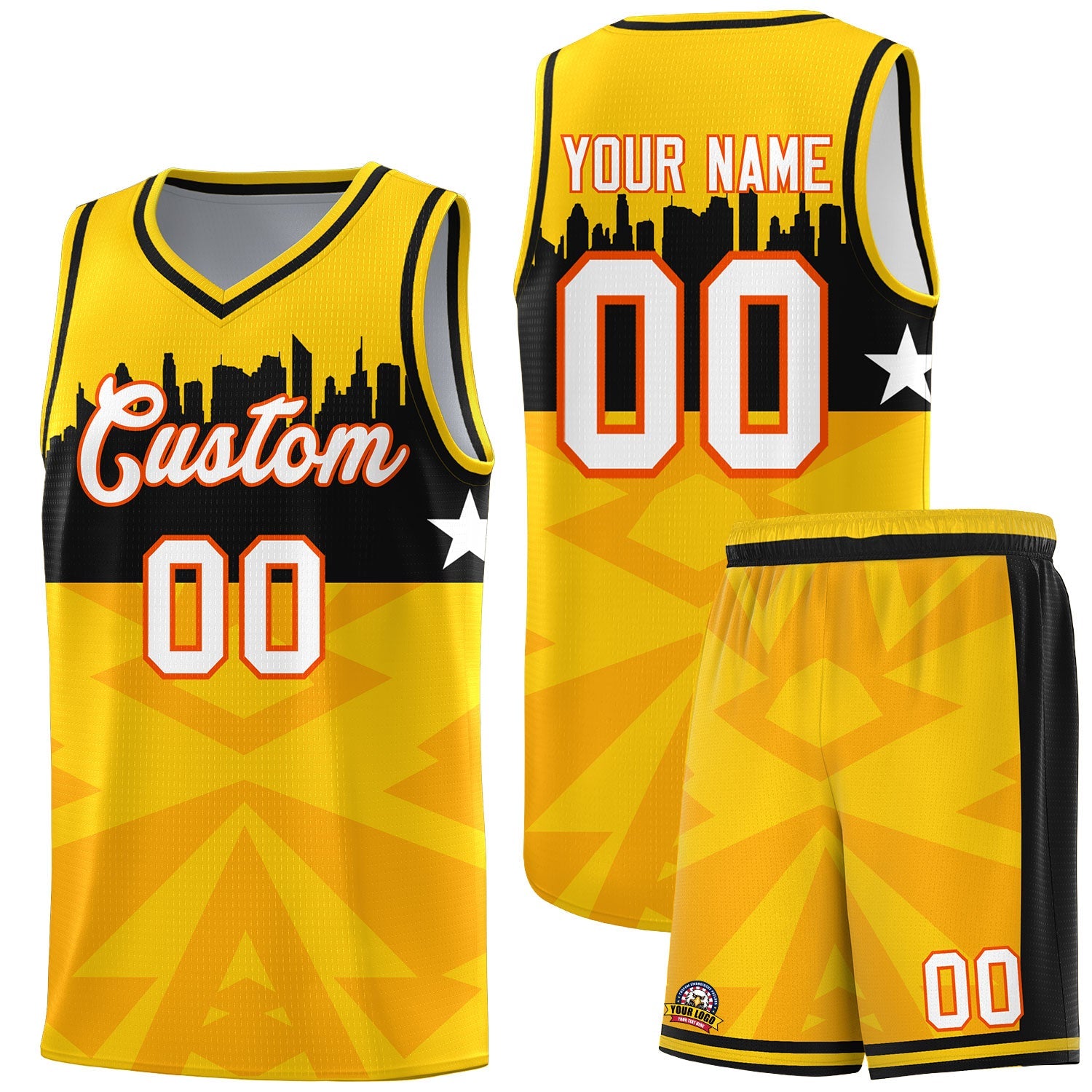 Custom Gold Personalized City Silhouette Pattern Sports Uniform Basketball Jersey